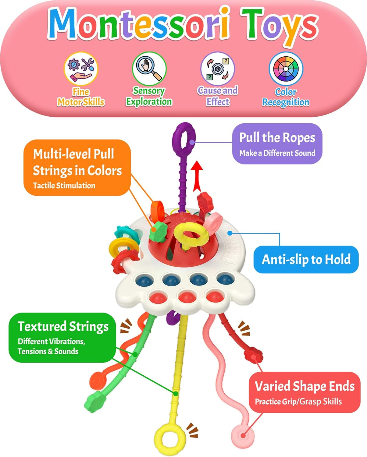 Yetonamr Baby Sensory Montessori Toys for 6-12-18 Months, Pull String Silicone Teething Toy, Toddler Birthday Gift Travel Toy for 1 2 Year Old Boy Girl Infant 8 9 10 Months Old