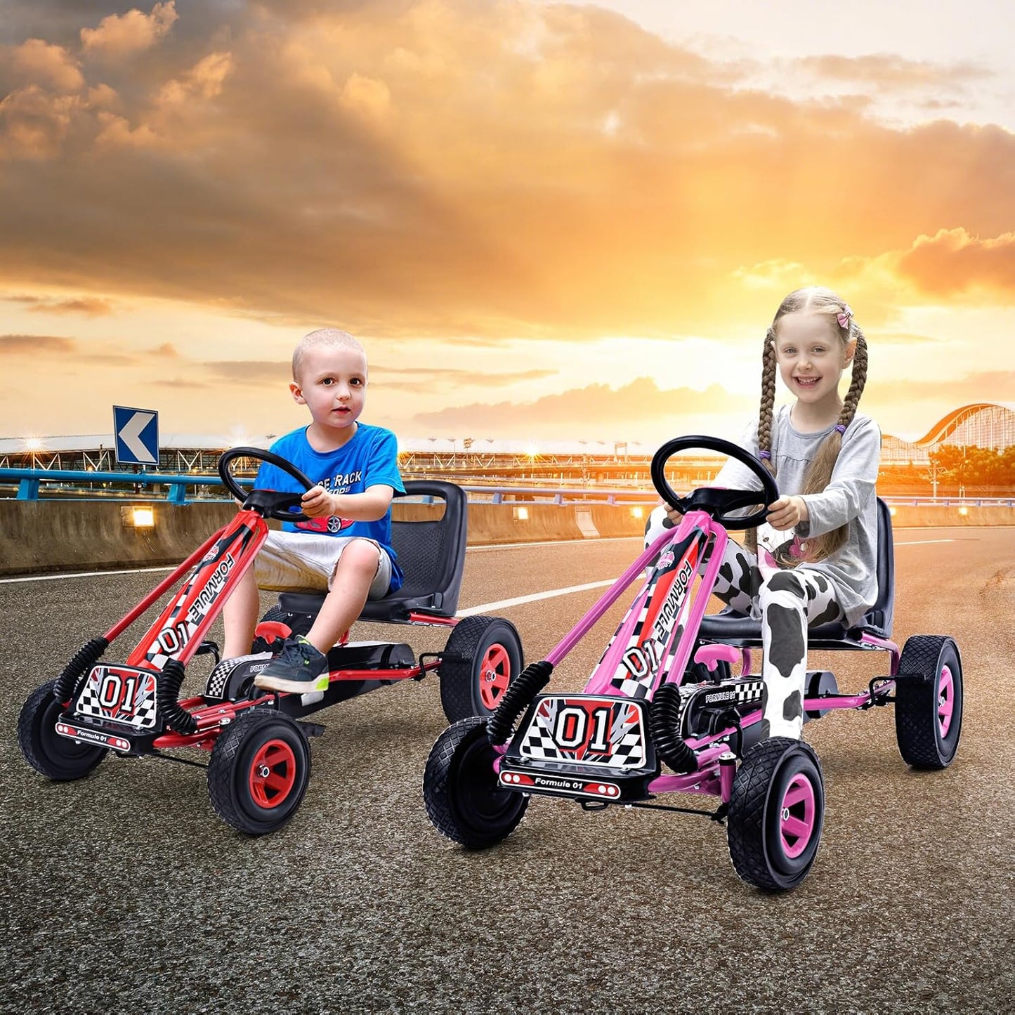 HONEY JOY Kids Go Kart - 4-Wheel Off-Road Pedal Cart with Steering Wheel, Adjustable Seat, Dual Safety Brakes, EVA Tires, Clutch, Outdoor Racing Pedal Car (Red)