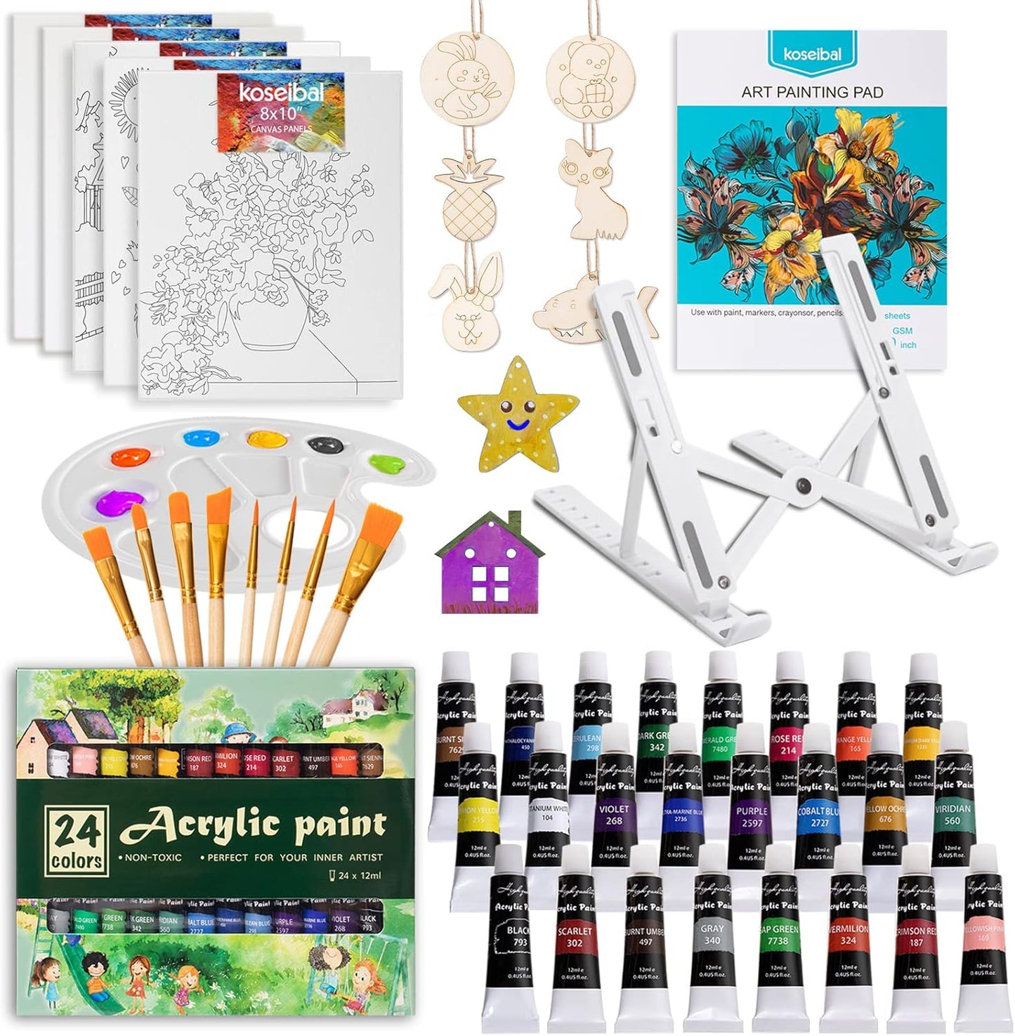Koseibal Acrylic Paint Set for Kids, Art Painting Supplies Kit with 18 Paints, 5 Canvas Panels, 8 Brushes, Table Easel, Etc, Premium Paint Set for Students, Artists and Beginner.