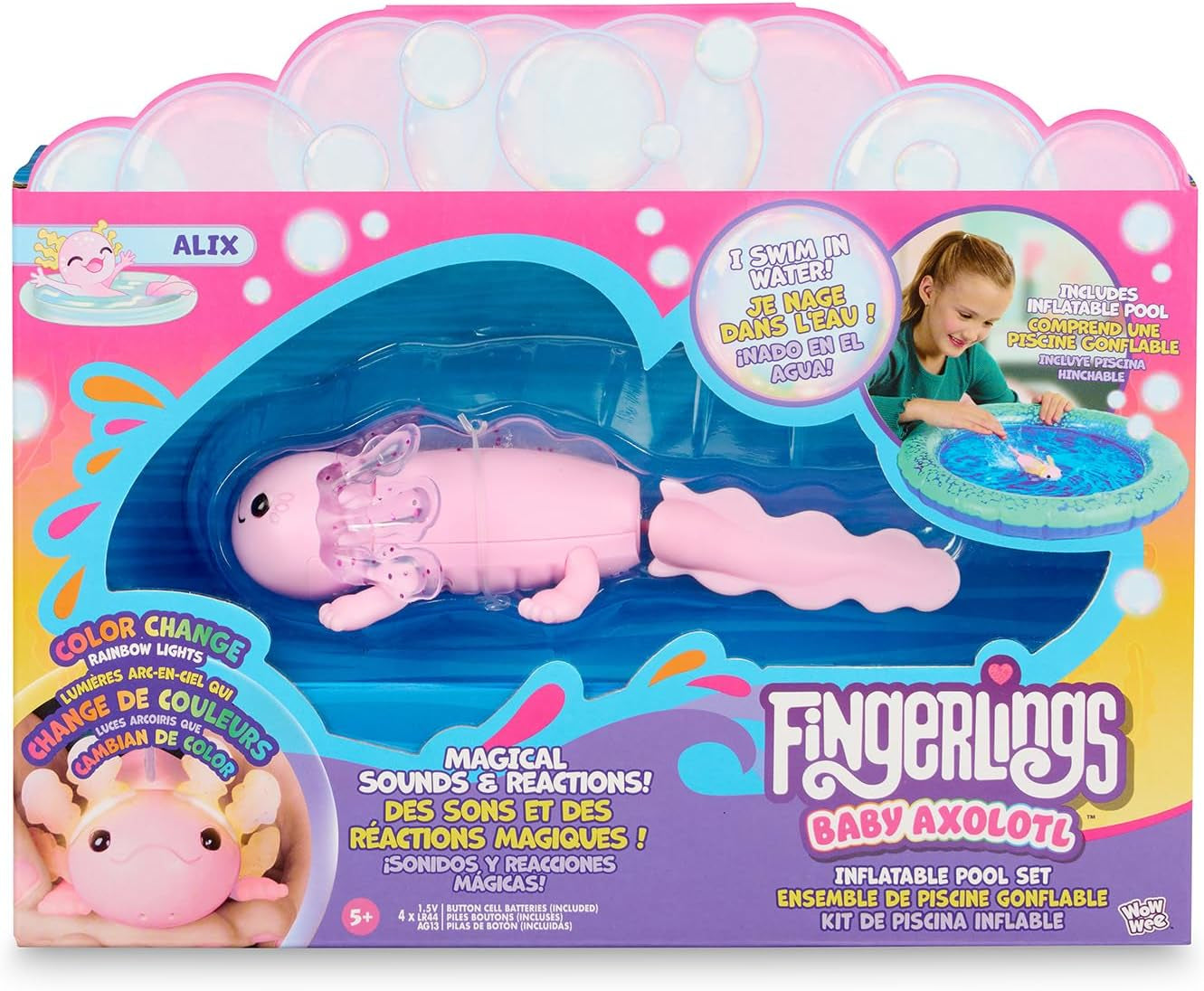 Interactive Baby Axolotl with Inflatable Pool, Alix, Swims and Lights up in Water, Rainbow Lights Tell Your Mood (Ages 5+)