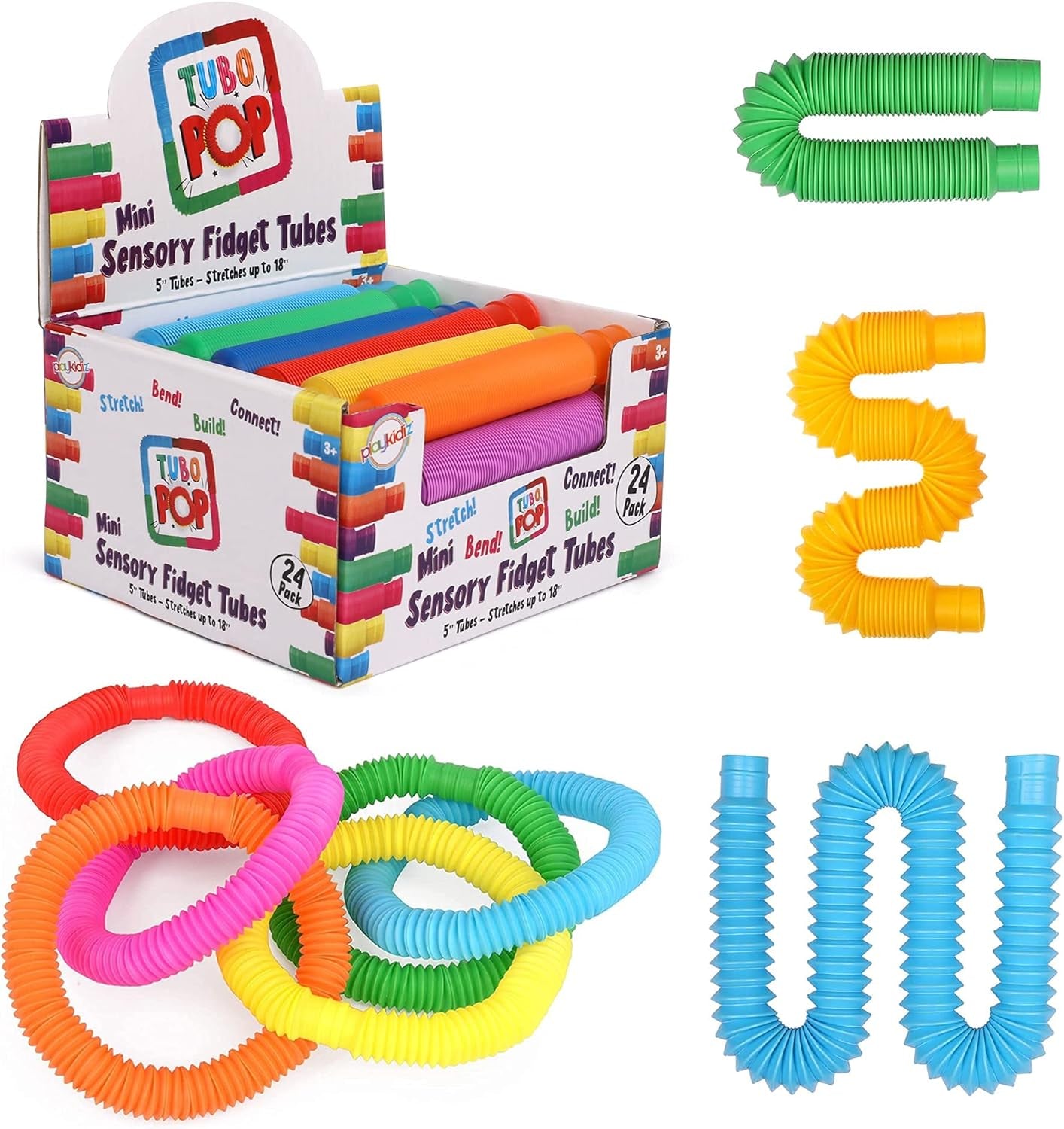 Playkidiz Pop Tubes - 8 Pack Mini 5" Sensory Fidget Tubes, Extending Up to 18" Long, Stress Relief Toy for Children Ages 3 and Up