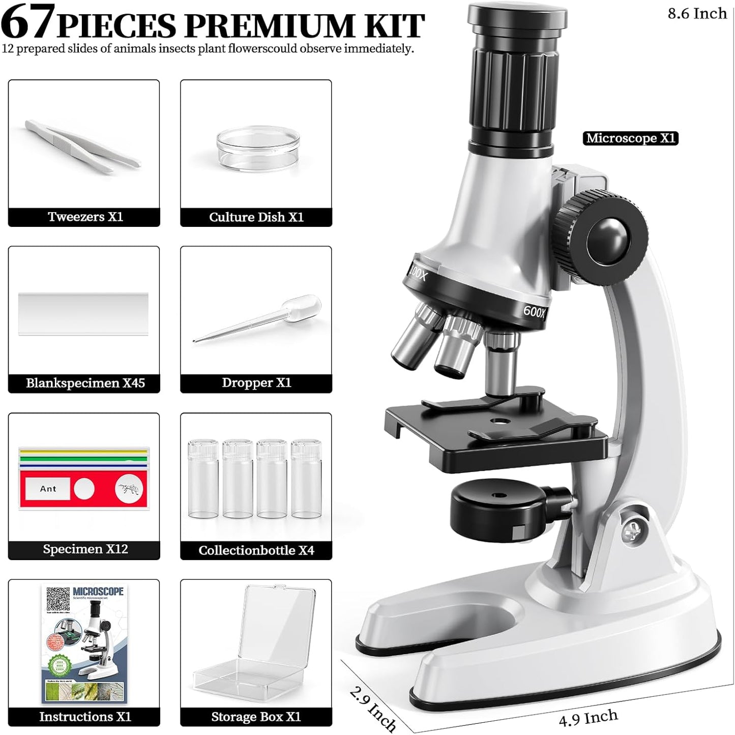 65 Pieces Microscope Kit for Kids Ages 5-7 8-13, 100X-1200X Magnification with 7 Colors of LED Lights and 12 Prepared Slides, Science Experiment STEM Kits for Boys and Girls Age 8-12 Years