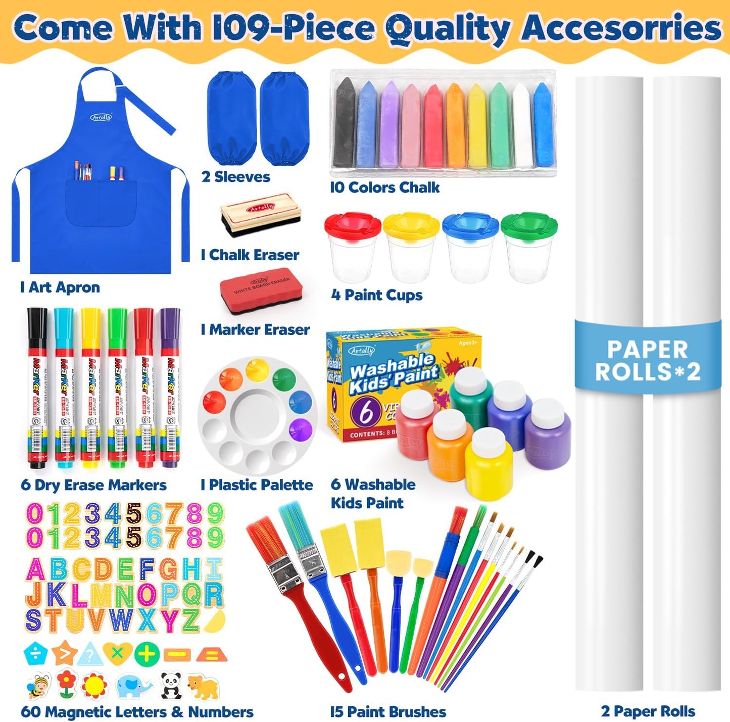 Art Easel for Toddlers Kids, Adjustable Standing Art Easel with Magnetic Chalkboard & Whiteboard, Dry-Erase Board, Paper Roll, Drawing & Painting Easel for Kids Ages 3 4-8 9-12, Blue W/Bag