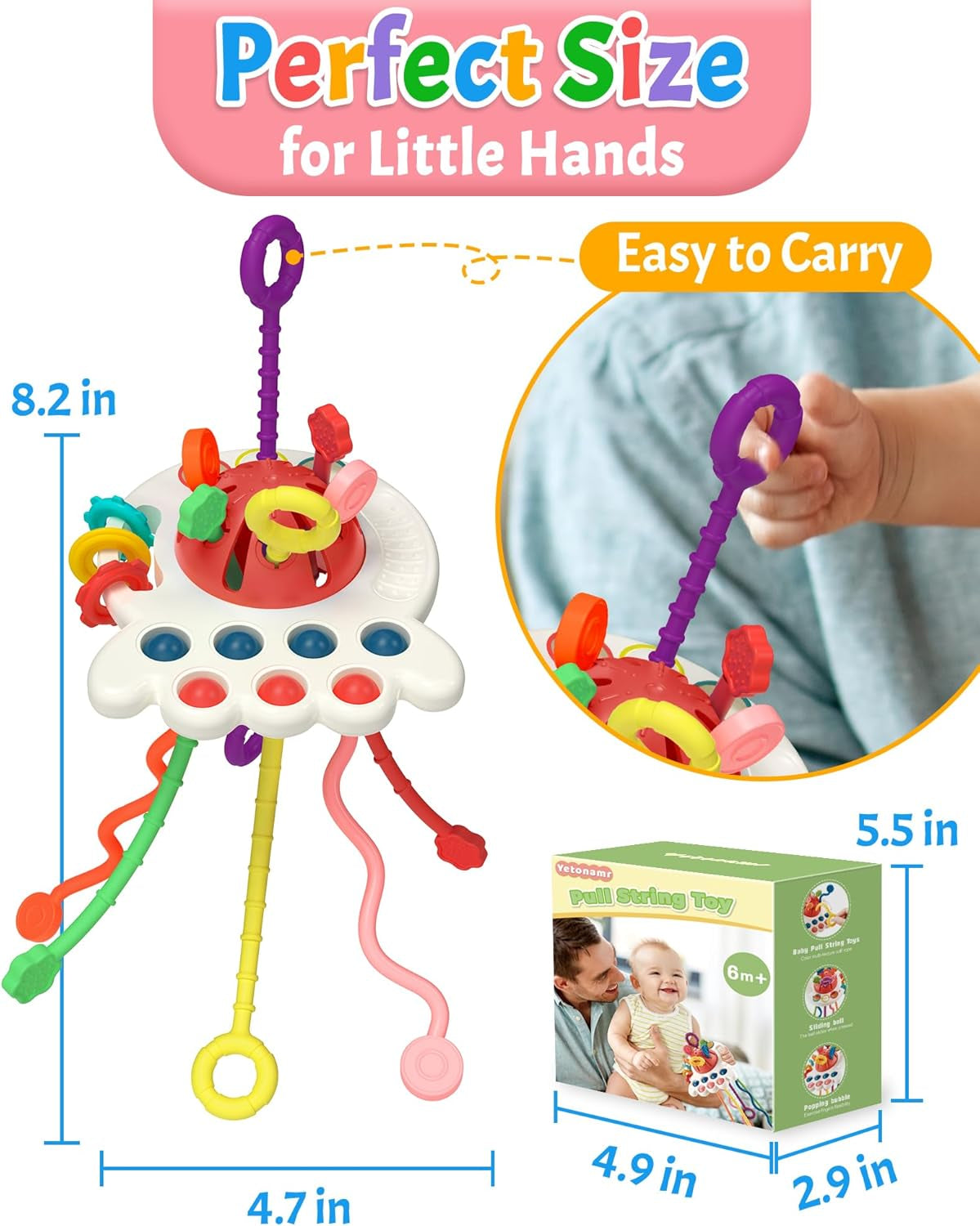Yetonamr Baby Sensory Montessori Toys for 6-12-18 Months, Pull String Silicone Teething Toy, Toddler Birthday Gift Travel Toy for 1 2 Year Old Boy Girl Infant 8 9 10 Months Old