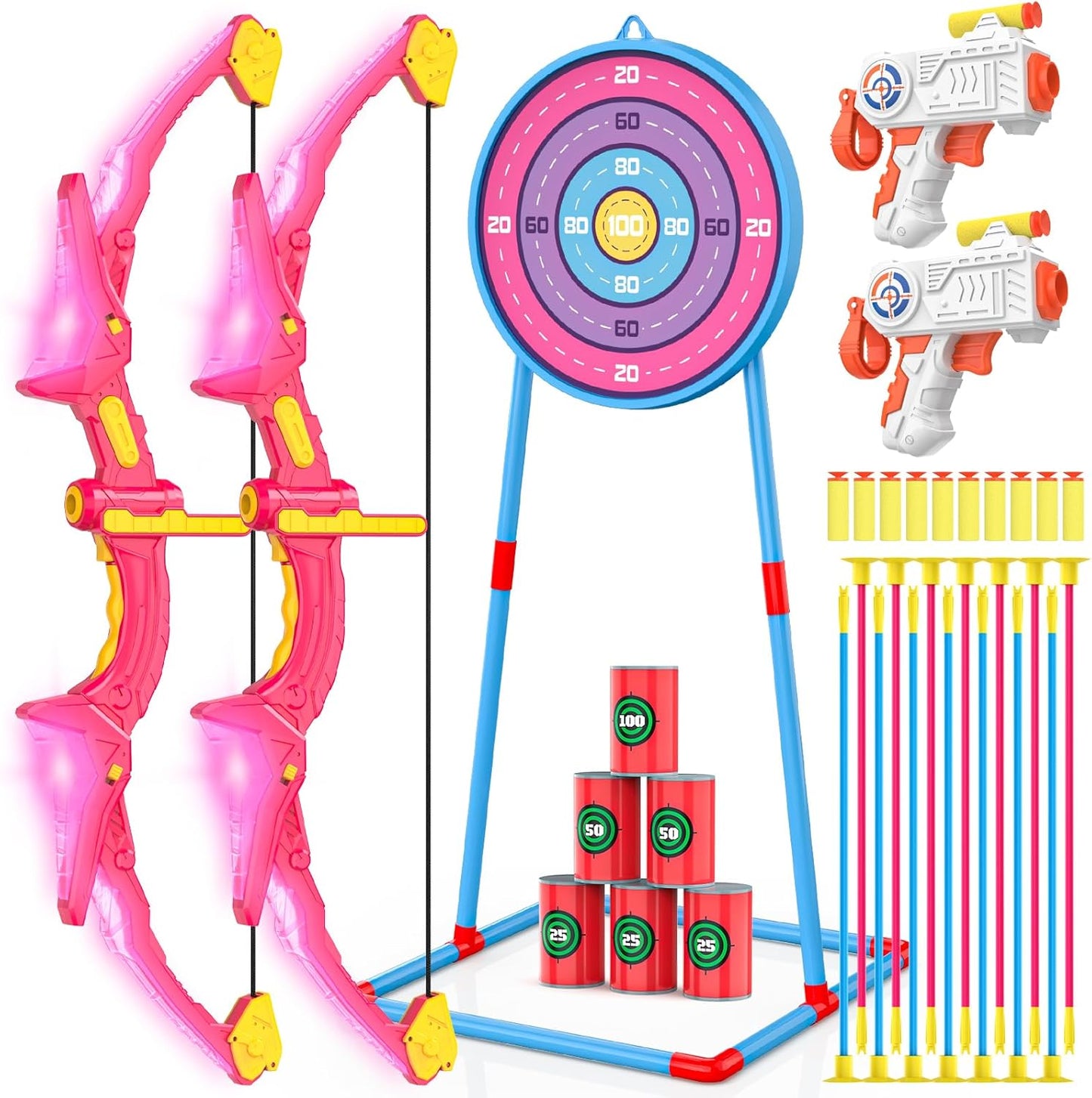 2 Pack Bow and Arrow Set for Kids, Light up Archery Set with 14 Suction Cup Arrows, Archery Targets Outdoor Games for Kids Ages 4-8 8-12, Birthday Gifts Toys for 5 6 7 8 9 10 11 12 Year Old Boys Girls
