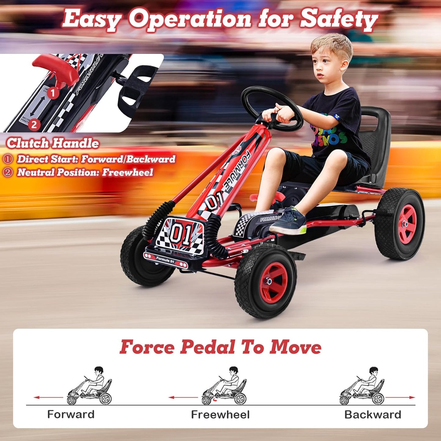 HONEY JOY Kids Go Kart - 4-Wheel Off-Road Pedal Cart with Steering Wheel, Adjustable Seat, Dual Safety Brakes, EVA Tires, Clutch, Outdoor Racing Pedal Car (Red)