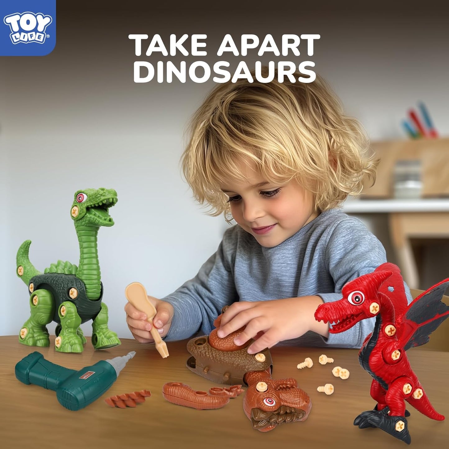 TOY Life 3-Pack Take-Apart Dinosaur Toys with Electric Drill - STEM Building Set for Kids Ages 4-8 - Ideal Birthday Gift for Boys 3-7