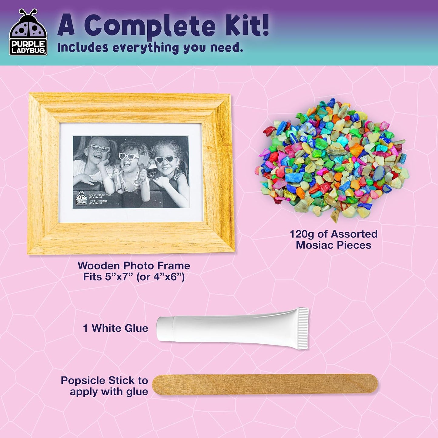 PURPLE LADYBUG DIY Mosaic Photo Frame Craft Kit - Summer Activities for Kids & Teens, Arts & Crafts for Girls 8-12, Birthday Gift for Girls, Fun Craft for Kids Ages 6-12