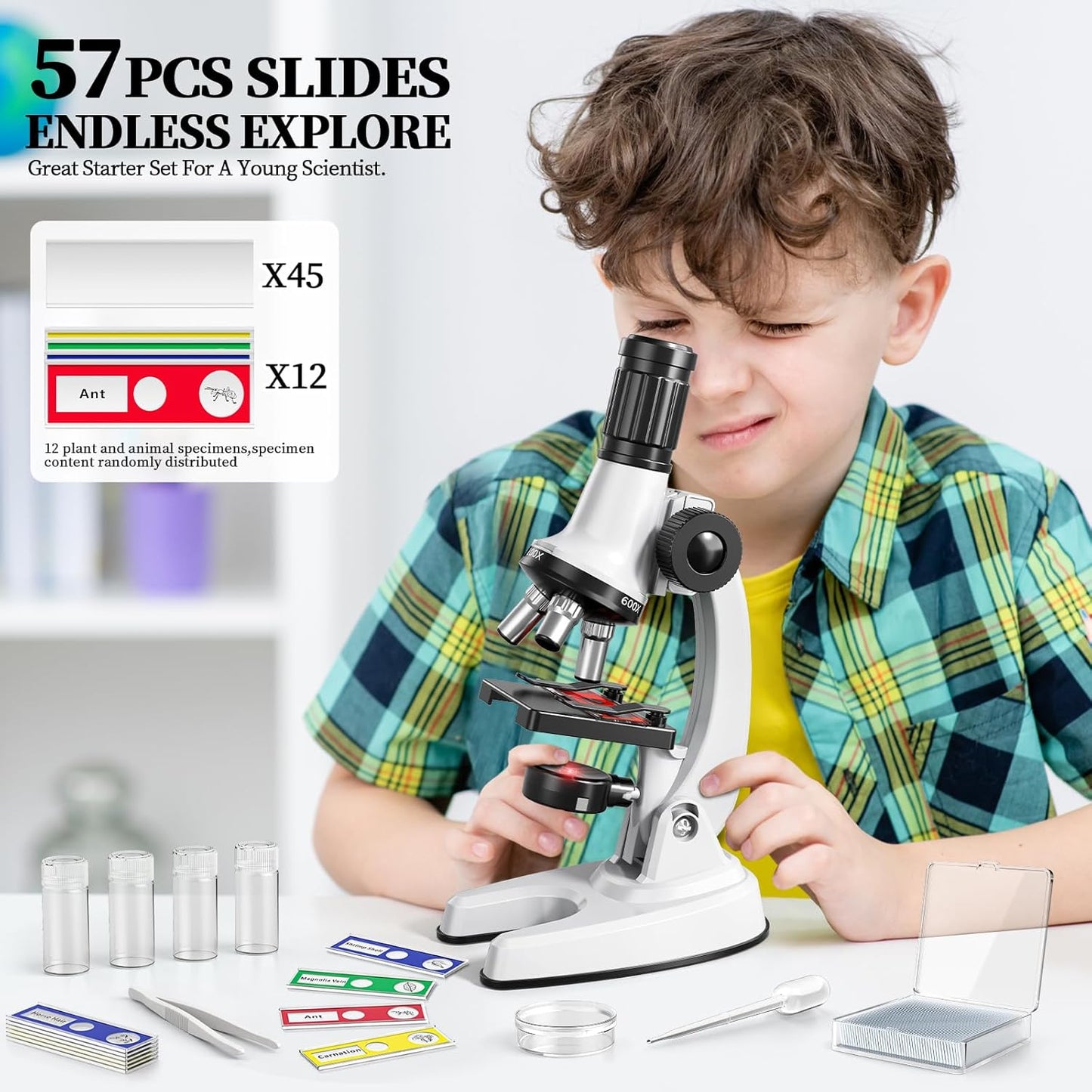 65 Pieces Microscope Kit for Kids Ages 5-7 8-13, 100X-1200X Magnification with 7 Colors of LED Lights and 12 Prepared Slides, Science Experiment STEM Kits for Boys and Girls Age 8-12 Years
