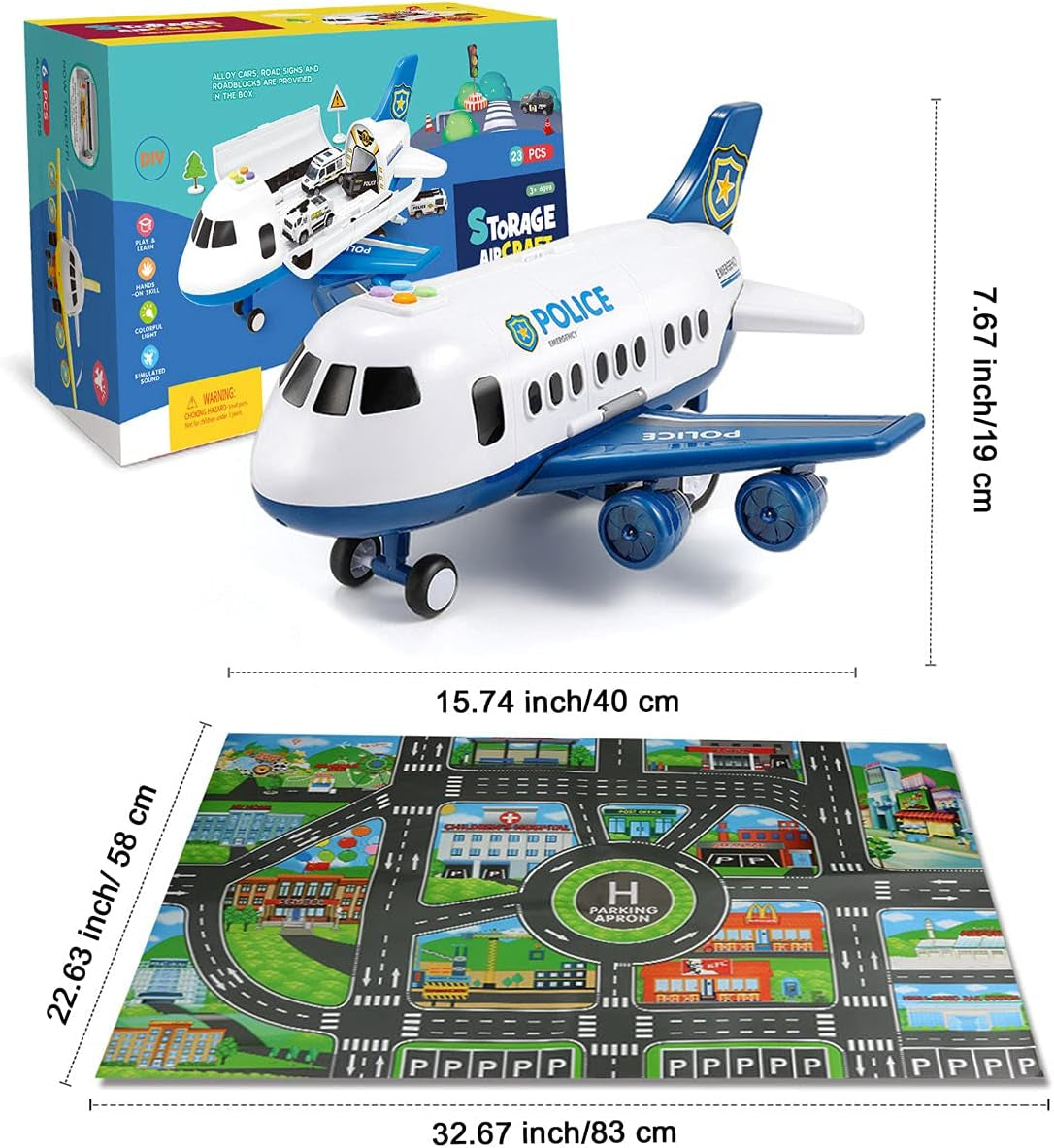 Dwi Dowellin 20-in-1 Transport Carrier Vehicle Set for Toddlers: Cargo Airplane and Police Toys for Boys and Girls Ages 2-7