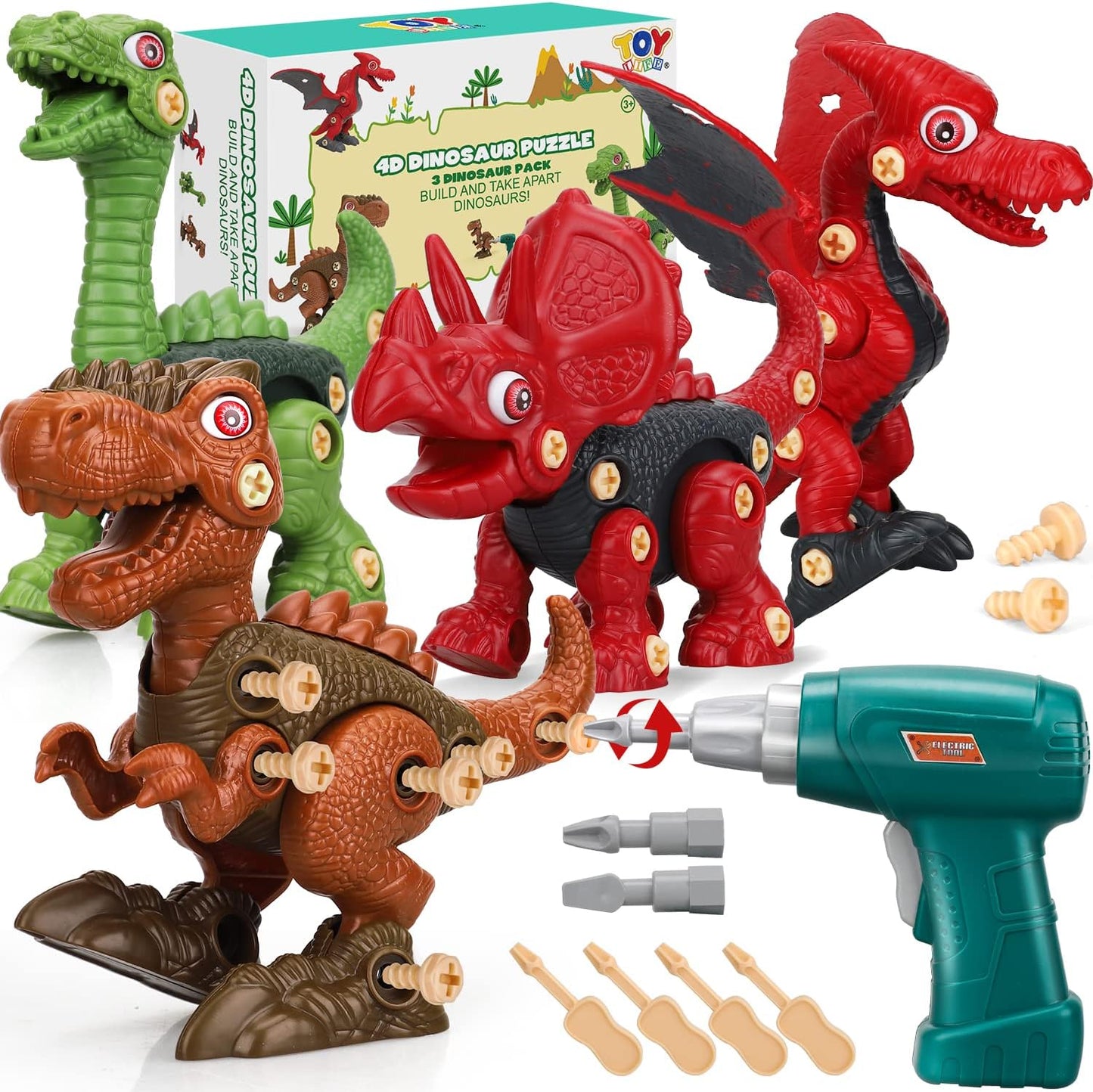 TOY Life 3-Pack Take-Apart Dinosaur Toys with Electric Drill - STEM Building Set for Kids Ages 4-8 - Ideal Birthday Gift for Boys 3-7