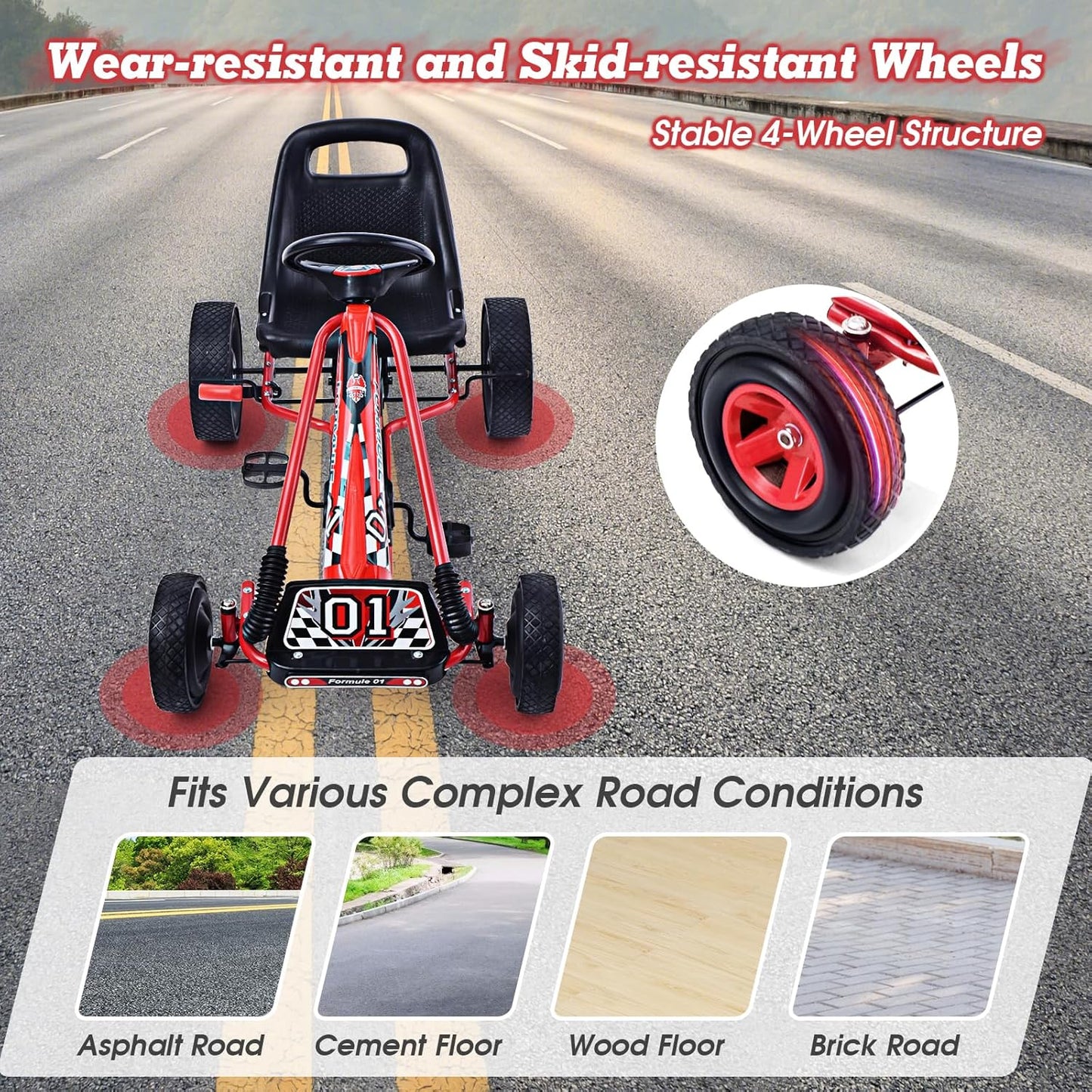 HONEY JOY Kids Go Kart - 4-Wheel Off-Road Pedal Cart with Steering Wheel, Adjustable Seat, Dual Safety Brakes, EVA Tires, Clutch, Outdoor Racing Pedal Car (Red)