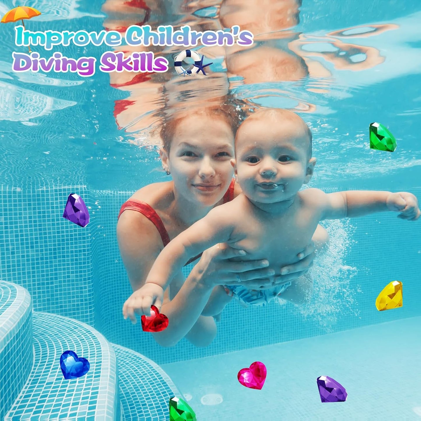 Pool Toys, 9 Pcs Extra Large Dive Gems for Kids Ages 4-8, 8-12, Summer Beach Water Colorful Diamond Toys for Boys Girls Underwater Gemstone Swimming Training Gifts
