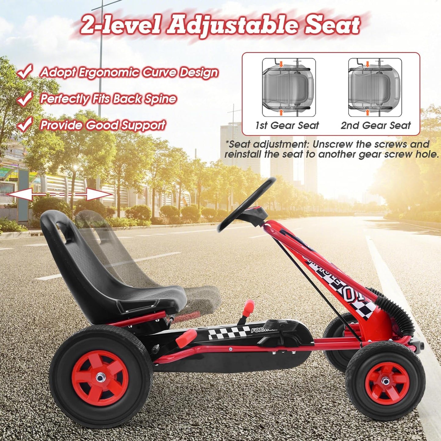 HONEY JOY Kids Go Kart - 4-Wheel Off-Road Pedal Cart with Steering Wheel, Adjustable Seat, Dual Safety Brakes, EVA Tires, Clutch, Outdoor Racing Pedal Car (Red)