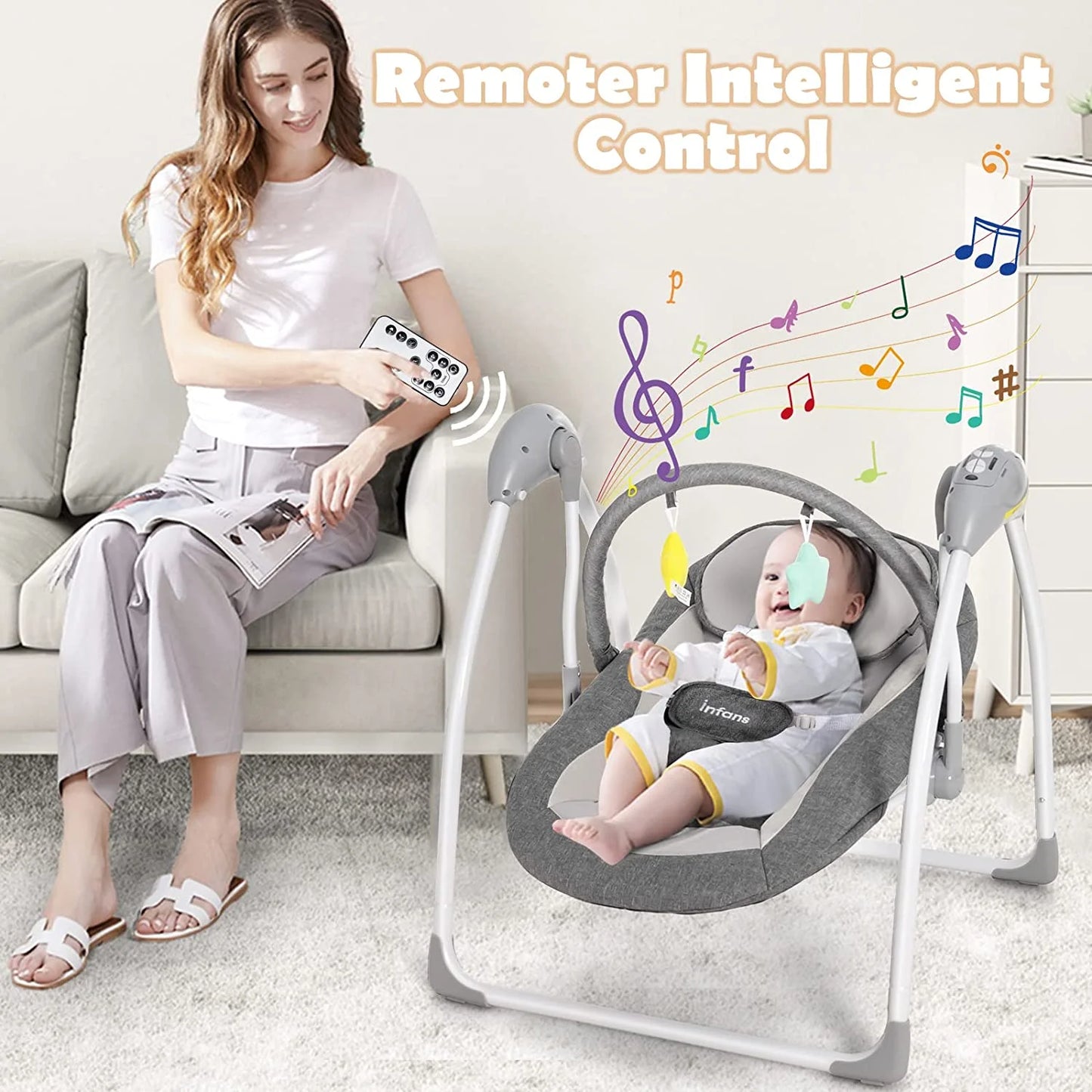 Baby Swing for Infants, Compact Portable Electric Baby Rocker for Newborn W/ 5 Speeds Timing