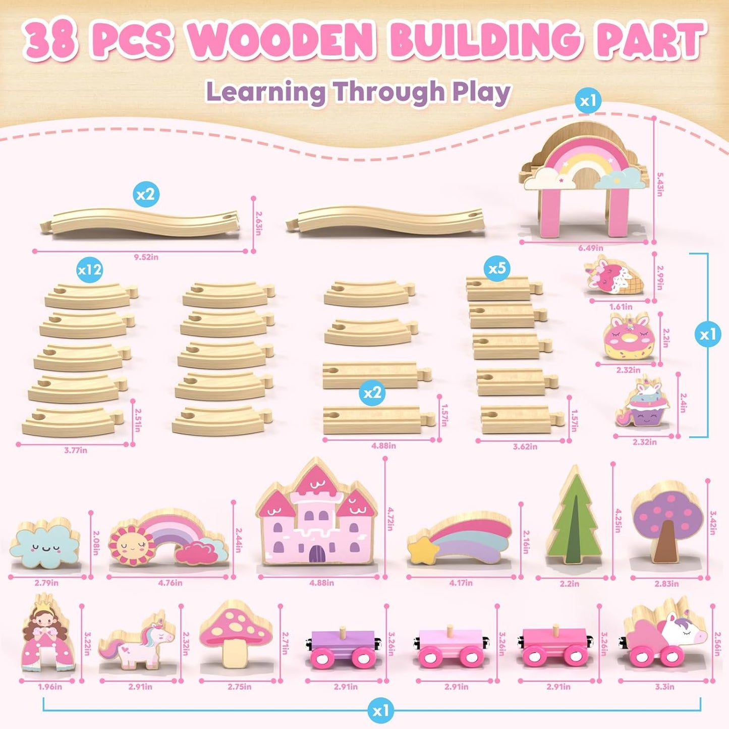 Lehoo Castle Wooden Train Set, Train Set for Toddlers 2-4, Wooden Train Track for Girls, Unicorn Toys for Girls Age 4-6, Toys for 3 4 5 6 Year Old Girls