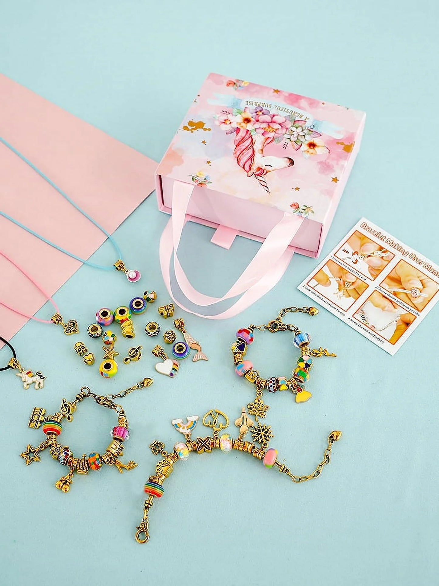 Charm Bracelet Making Kit, Jewellery Making Kit for Girls Gorgeous Rainbow Beads/Mermaid Crafts Gifts Set,Jewelry Making DIY Necklaces Bracelets Headbands Craft Set with Gift Box(67Pcs)