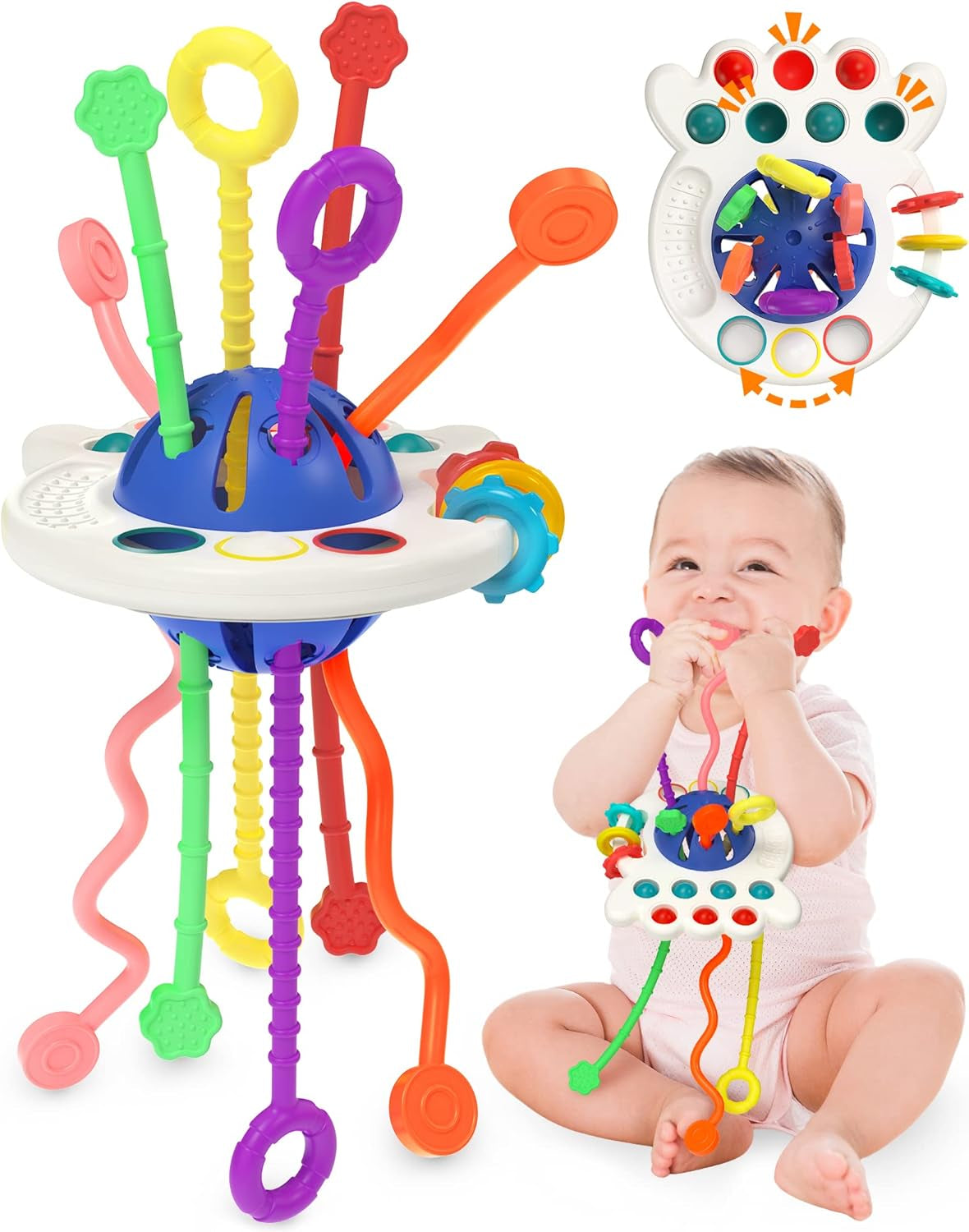 Yetonamr Baby Sensory Montessori Toys for 6-12-18 Months, Pull String Silicone Teething Toy, Toddler Birthday Gift Travel Toy for 1 2 Year Old Boy Girl Infant 8 9 10 Months Old