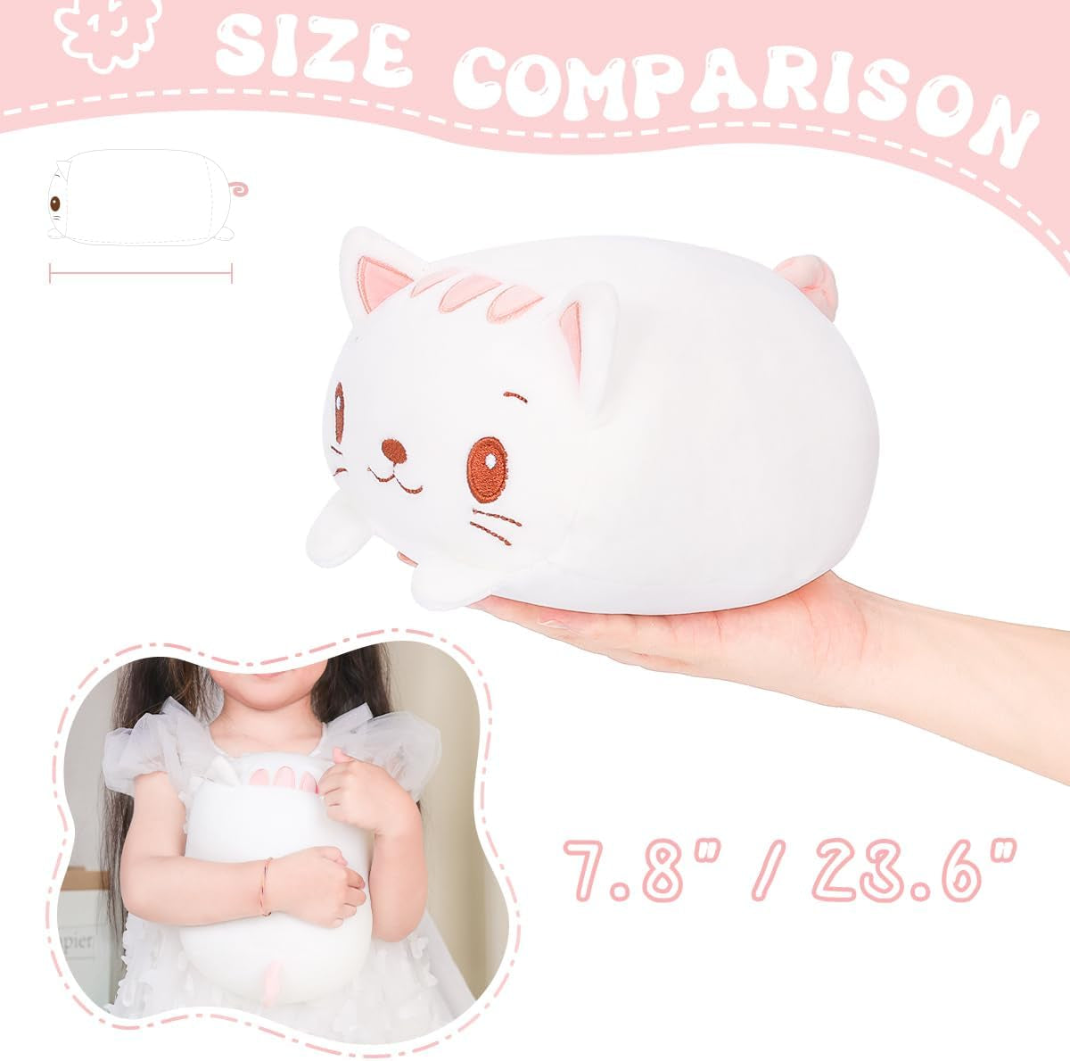 AIXINI 23.6-Inch White Cat Plush Cylindrical Body Pillow - Super Soft Cartoon Hugging Toy Gift