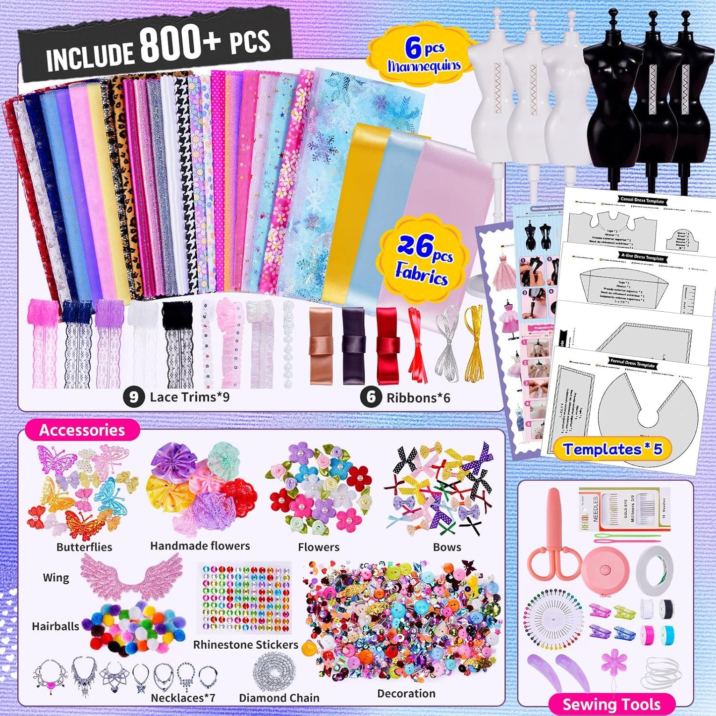 ONE to FOUR 800+Pcs - Fashion Designer Kit for Girls with 6 Mannequins - Arts and Crafts Kit- Sewing Kit for Kid Ages 8-12 -Girl Gift Age 6 7 8 9 10 11 12-Gifts for Teen Girls