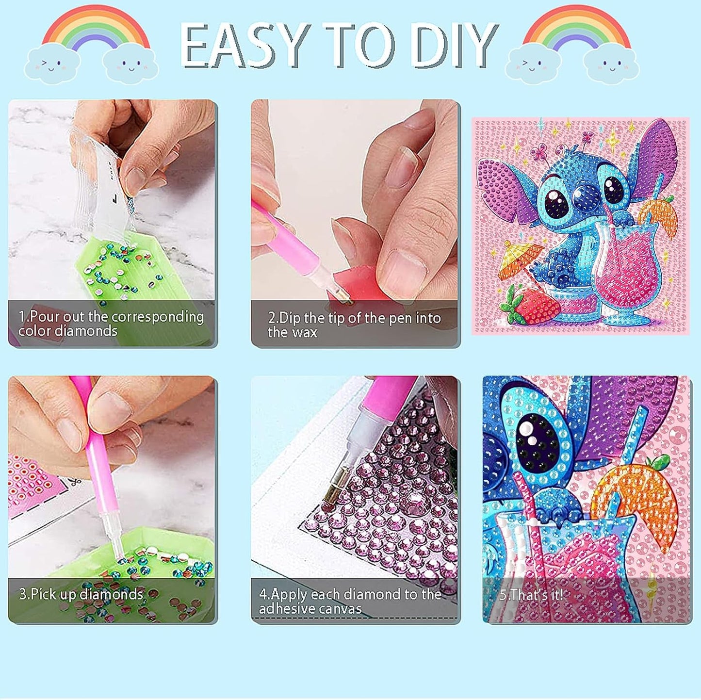 Nekpiahu 6 Pack 5D Diamond Art Painting Kits for Kids Beginners, Full Drill Cute Cartoon Diamond Art Kits, DIY Big Gem Art for Children Ages 6-7-8-9-12, Home Wall Decor 6X6 Inch