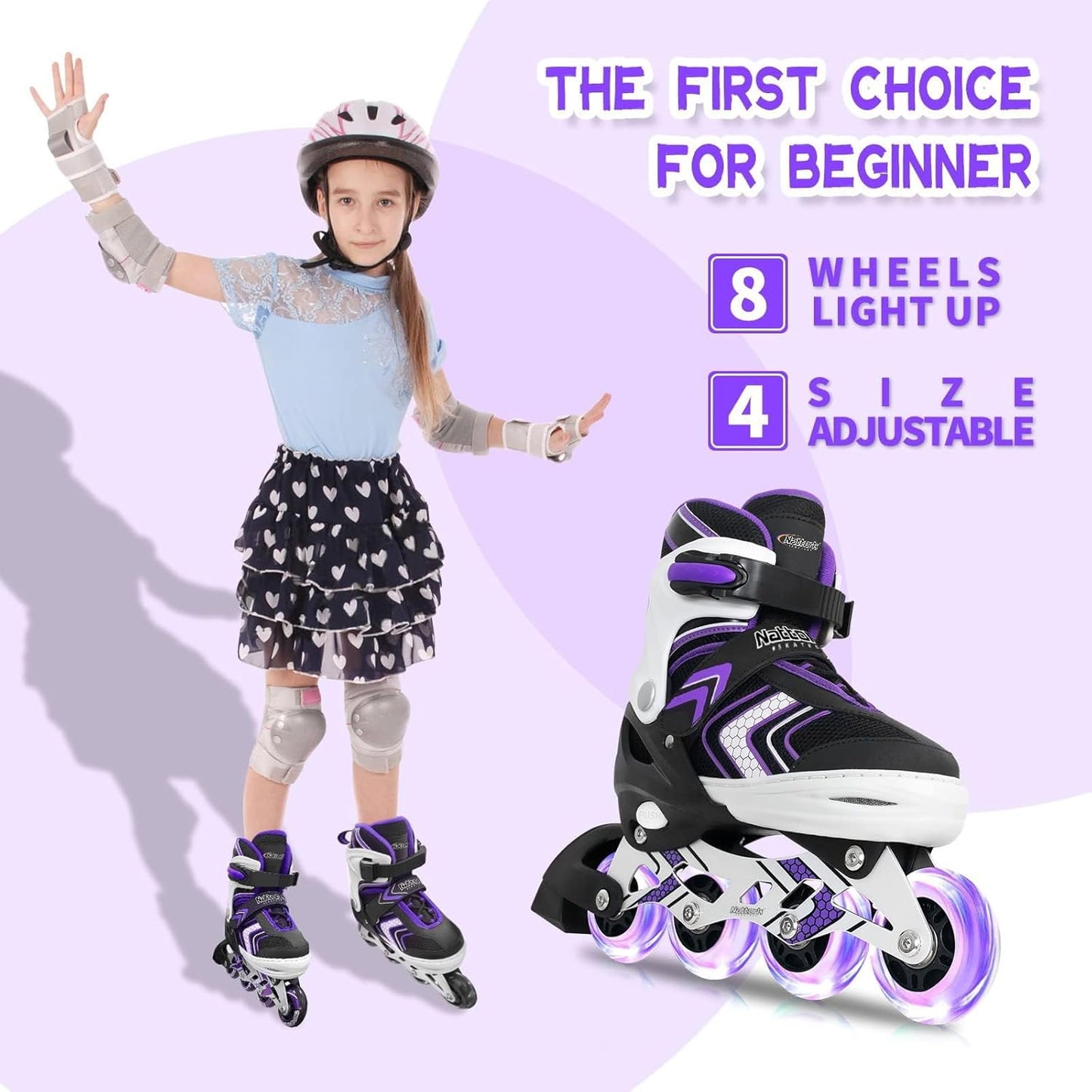 Nattork Adjustable Inline Skates for Girls and Boys with Full Light up Wheels, Beginner Roller Skates for Kids Youth Purple Pink Blue Black