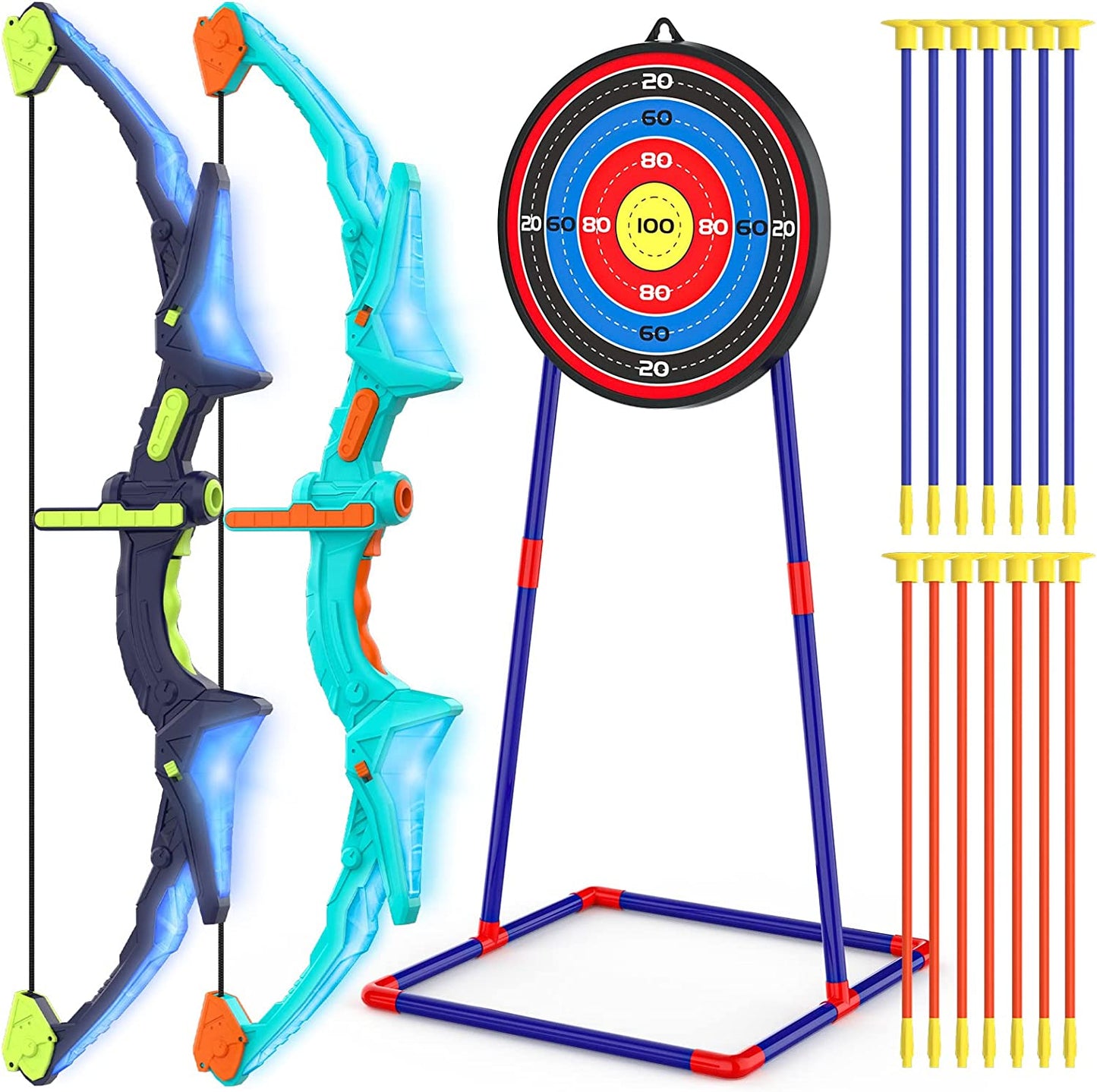 2 Pack Bow and Arrow Set for Kids, Light up Archery Set with 14 Suction Cup Arrows, Archery Targets Outdoor Games for Kids Ages 4-8 8-12, Birthday Gifts Toys for 5 6 7 8 9 10 11 12 Year Old Boys Girls