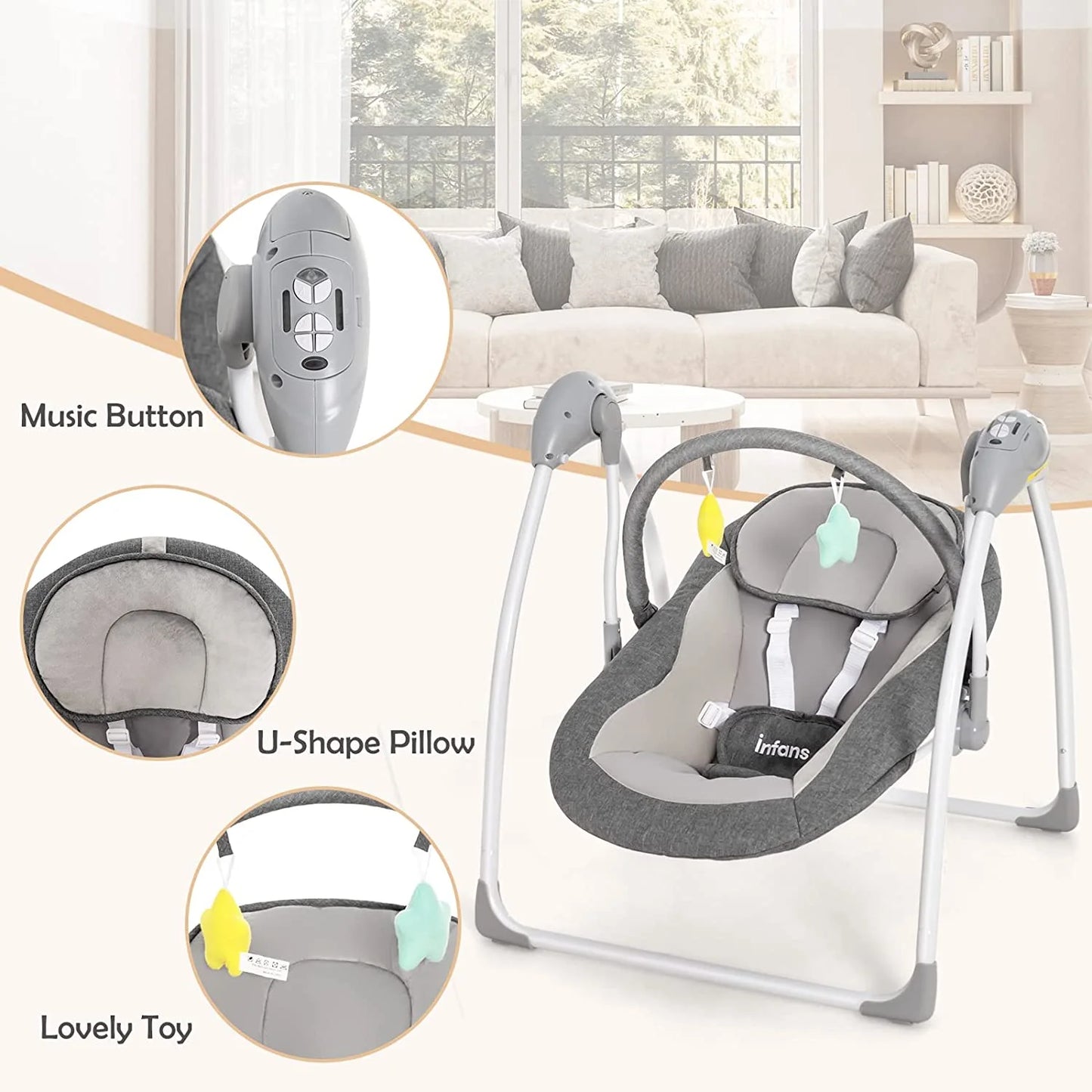 Baby Swing for Infants, Compact Portable Electric Baby Rocker for Newborn W/ 5 Speeds Timing