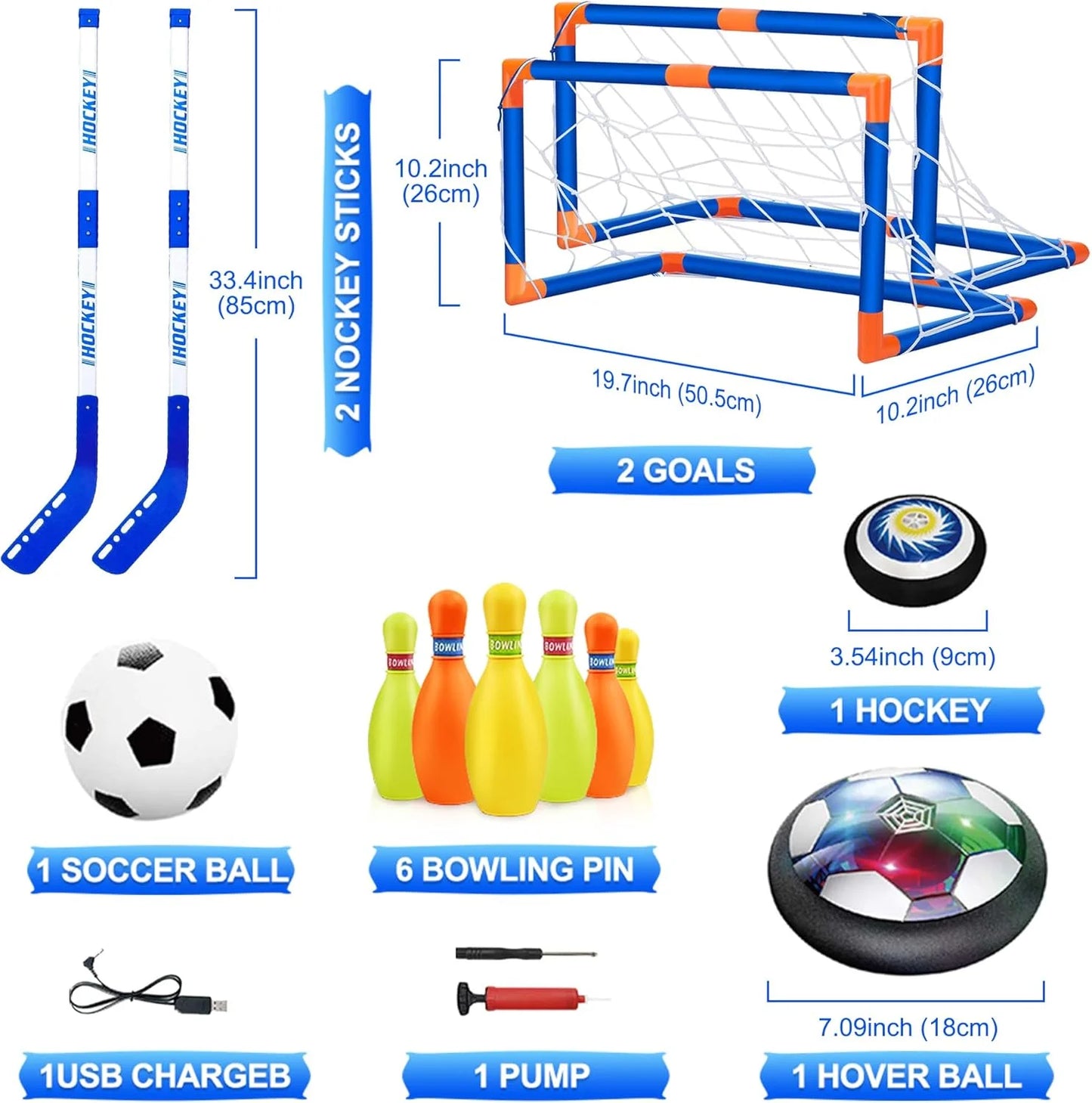 Hover Soccer Ball Set, 3-In-1 LED Soccer Hockey Bowling Set Indoor/Outdoor Toys, Gifts for 3 4 5 6 7 8+ Years Boy Girl