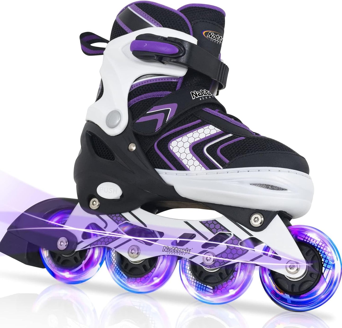 Nattork Adjustable Inline Skates for Girls and Boys with Full Light up Wheels, Beginner Roller Skates for Kids Youth Purple Pink Blue Black