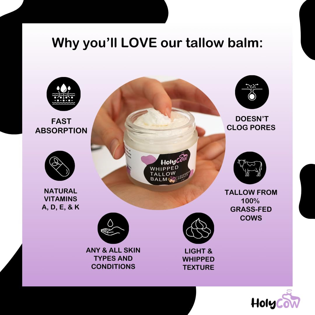 Beef Tallow for Skin - Whipped Tallow Balm with Organic Jojoba Oil, Grass Fed Beef Tallow Face Moisturizer for Eczema, Baby, Lip Balm - Lotion for Extremely Dry Skin (Lavender Vanilla)