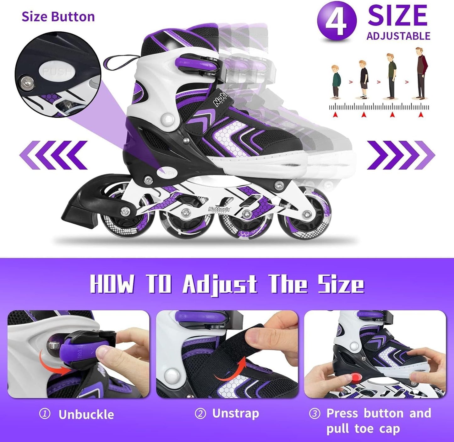 Nattork Adjustable Inline Skates for Girls and Boys with Full Light up Wheels, Beginner Roller Skates for Kids Youth Purple Pink Blue Black