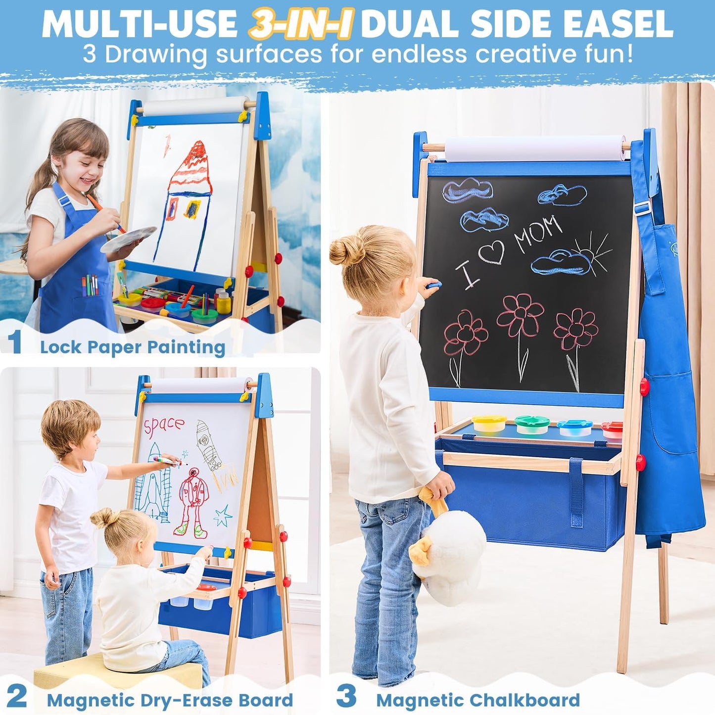 Art Easel for Toddlers Kids, Adjustable Standing Art Easel with Magnetic Chalkboard & Whiteboard, Dry-Erase Board, Paper Roll, Drawing & Painting Easel for Kids Ages 3 4-8 9-12, Blue W/Bag