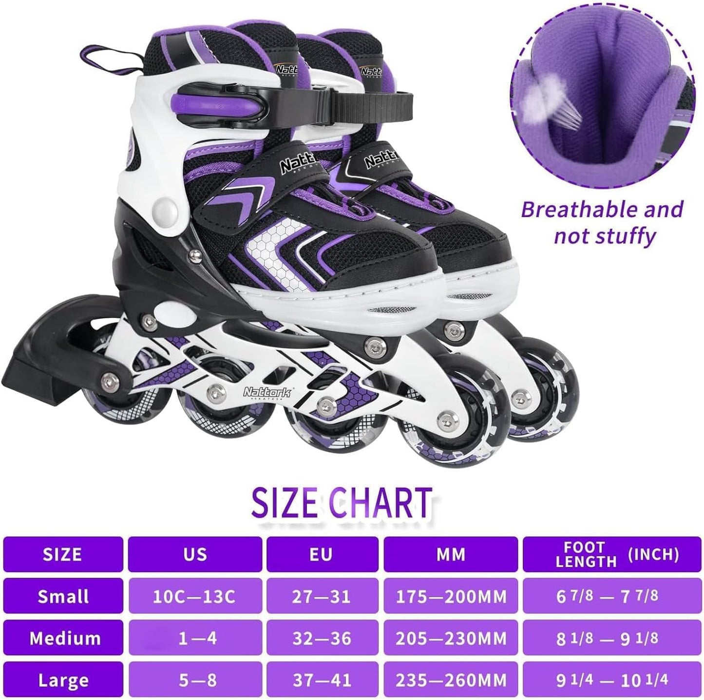 Nattork Adjustable Inline Skates for Girls and Boys with Full Light up Wheels, Beginner Roller Skates for Kids Youth Purple Pink Blue Black