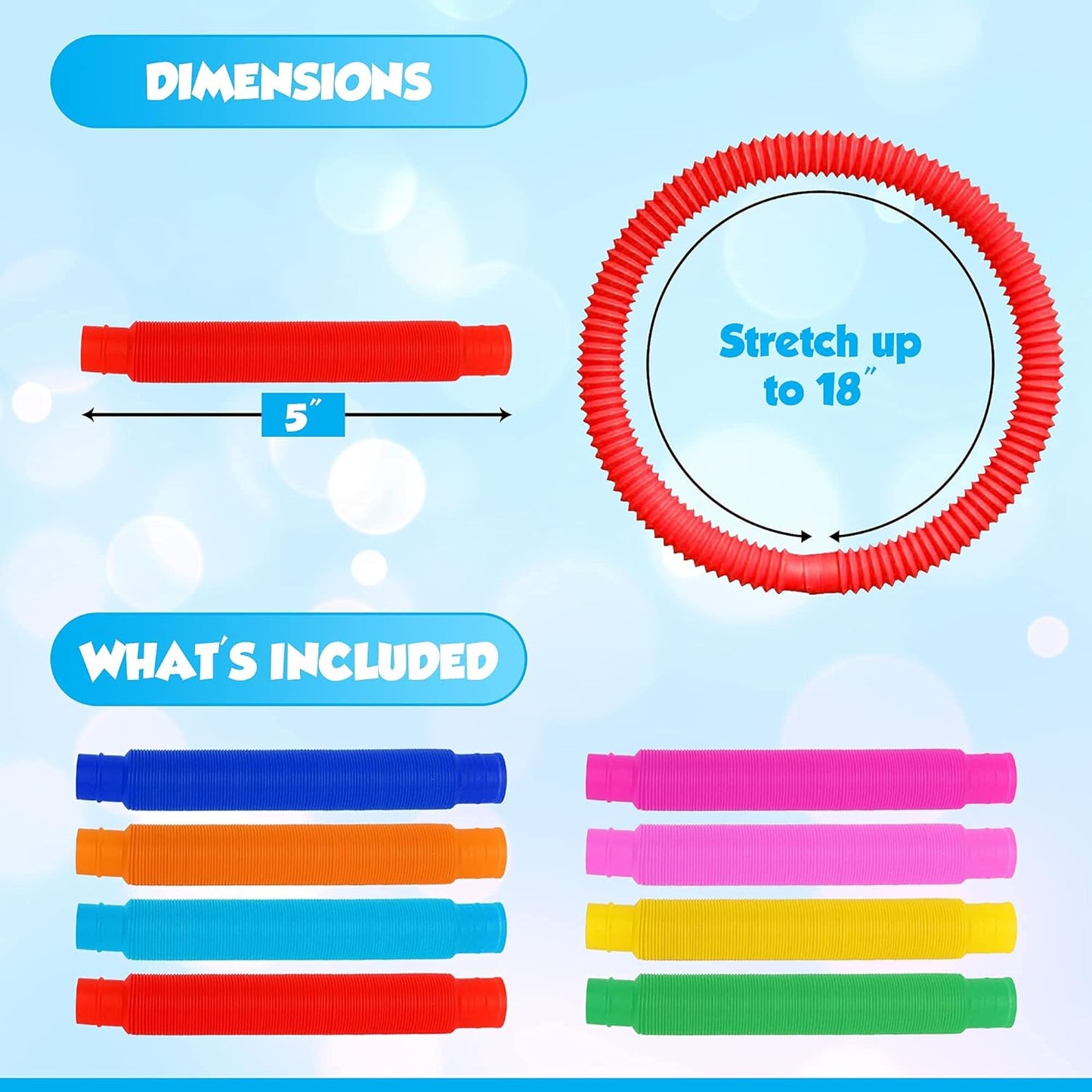 Playkidiz Pop Tubes - 8 Pack Mini 5" Sensory Fidget Tubes, Extending Up to 18" Long, Stress Relief Toy for Children Ages 3 and Up