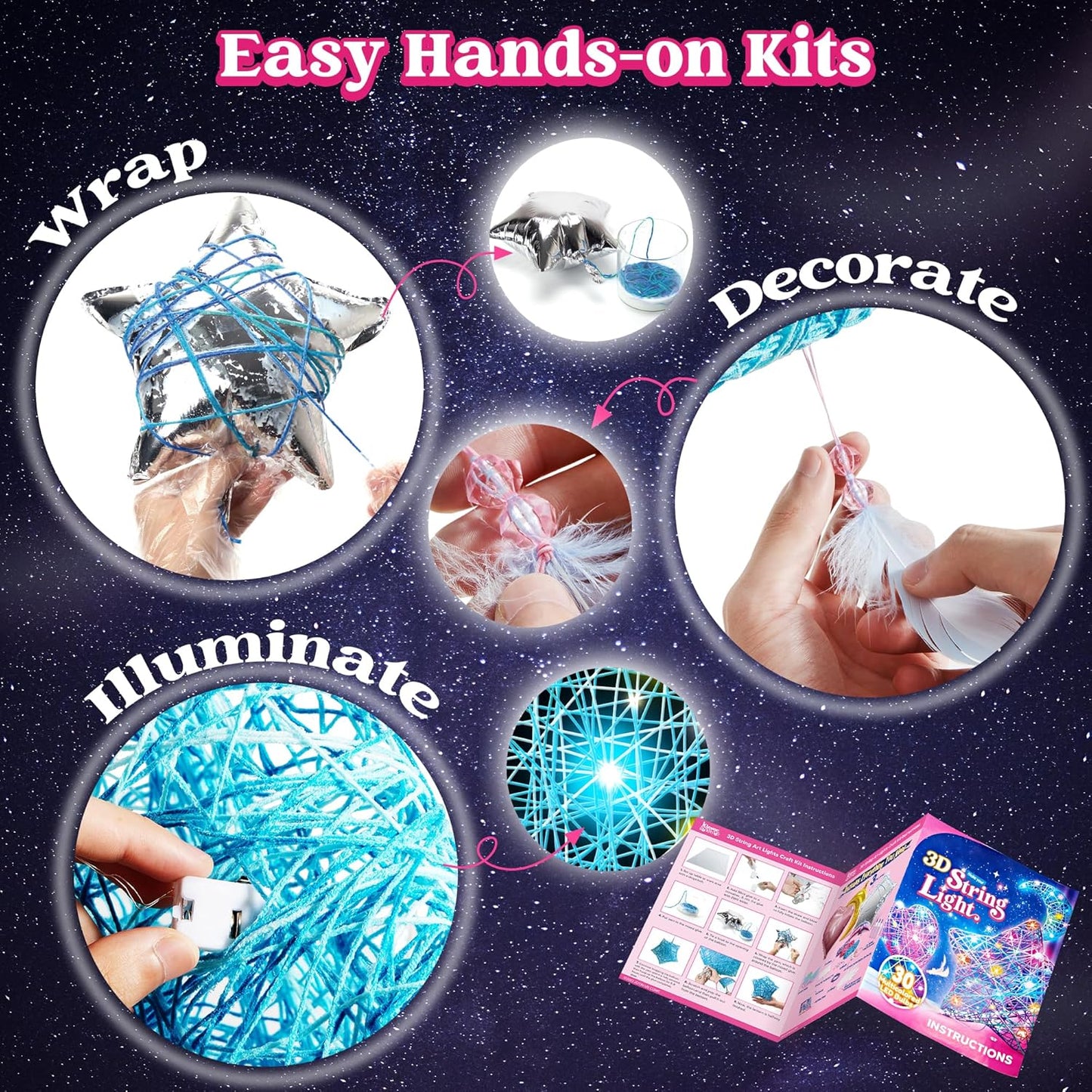 Klever Kits 3D String Art Kit for Kids, Light up String Light Toy with 30 Multi-Colored LED Bulbs, Arts and Crafts Set, Birthday Gifts for Girls and Boys Ages 8+
