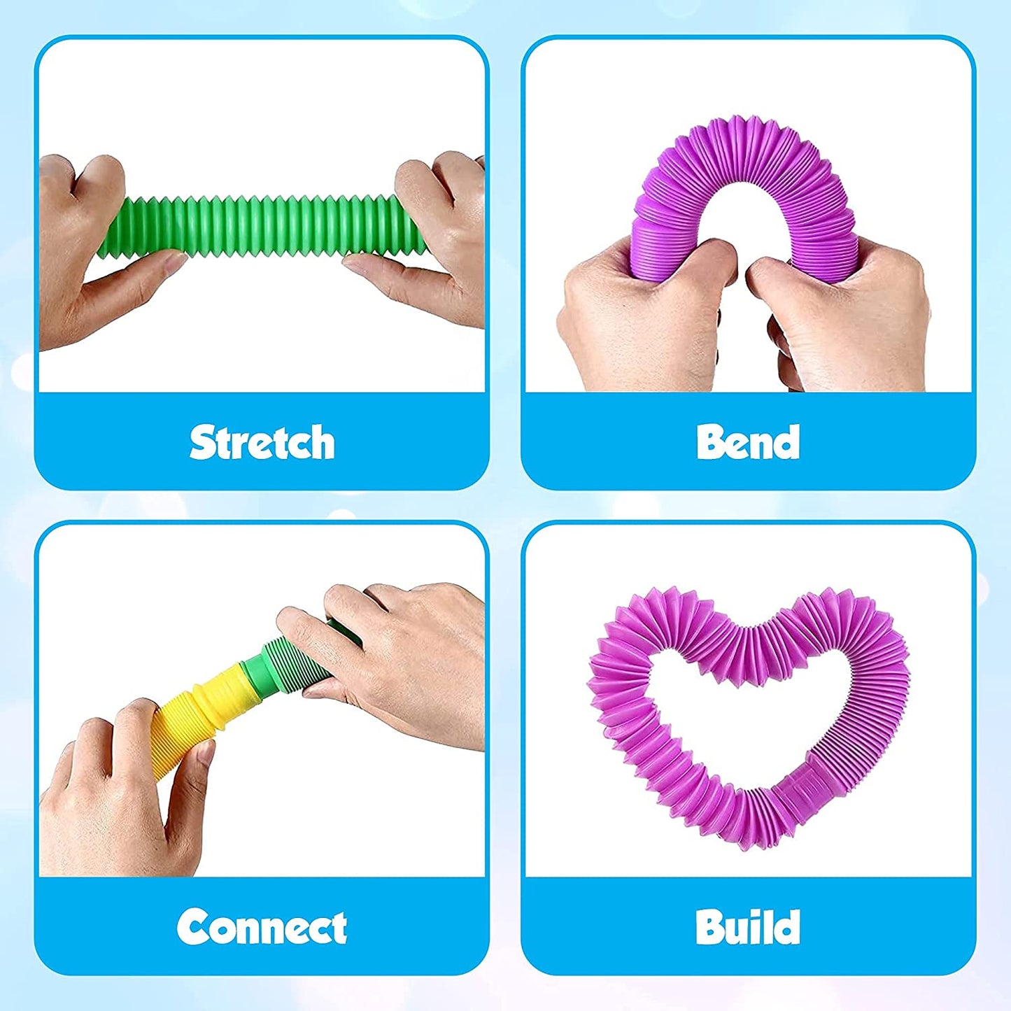 Playkidiz Pop Tubes - 8 Pack Mini 5" Sensory Fidget Tubes, Extending Up to 18" Long, Stress Relief Toy for Children Ages 3 and Up