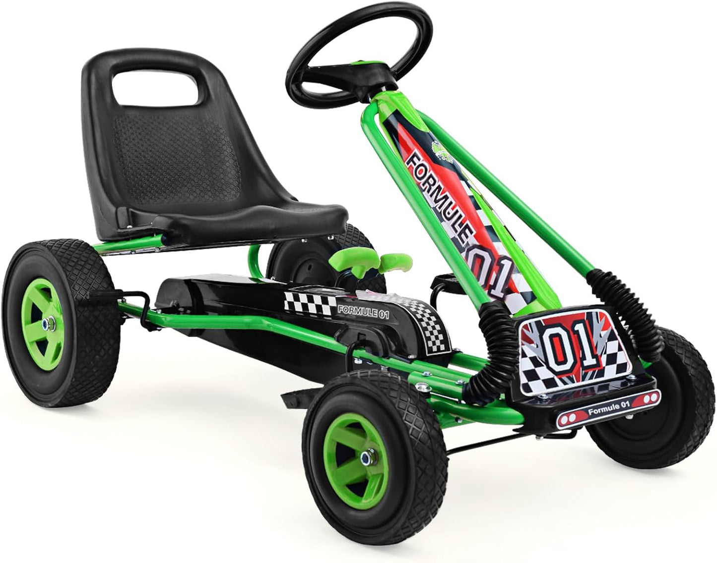 HONEY JOY Kids Go Kart - 4-Wheel Off-Road Pedal Cart with Steering Wheel, Adjustable Seat, Dual Safety Brakes, EVA Tires, Clutch, Outdoor Racing Pedal Car (Red)