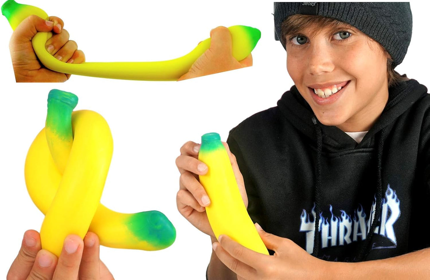 JA-RU Stretchable Banana Stress Relief Toy Pack (2 Pieces) - Slow Rising Squishy Fruit for Kids, Ideal for Gag Gifts and Themed Parties - Model 3340-2P