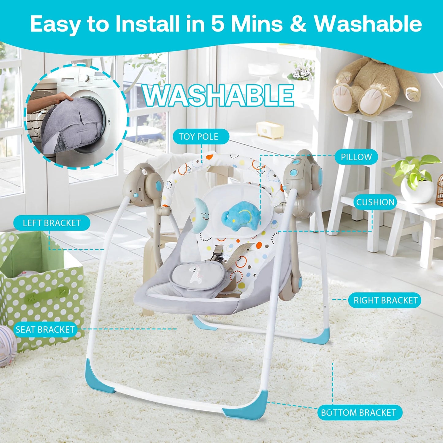 Baby Swing, Foldable Baby Swing for Infants with Adaptable Speeds, Music, 0-9 Months, Khaki