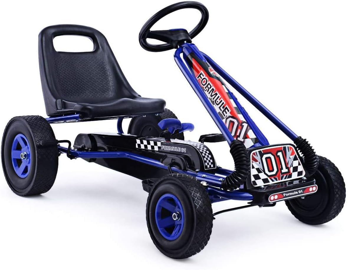 HONEY JOY Kids Go Kart - 4-Wheel Off-Road Pedal Cart with Steering Wheel, Adjustable Seat, Dual Safety Brakes, EVA Tires, Clutch, Outdoor Racing Pedal Car (Red)