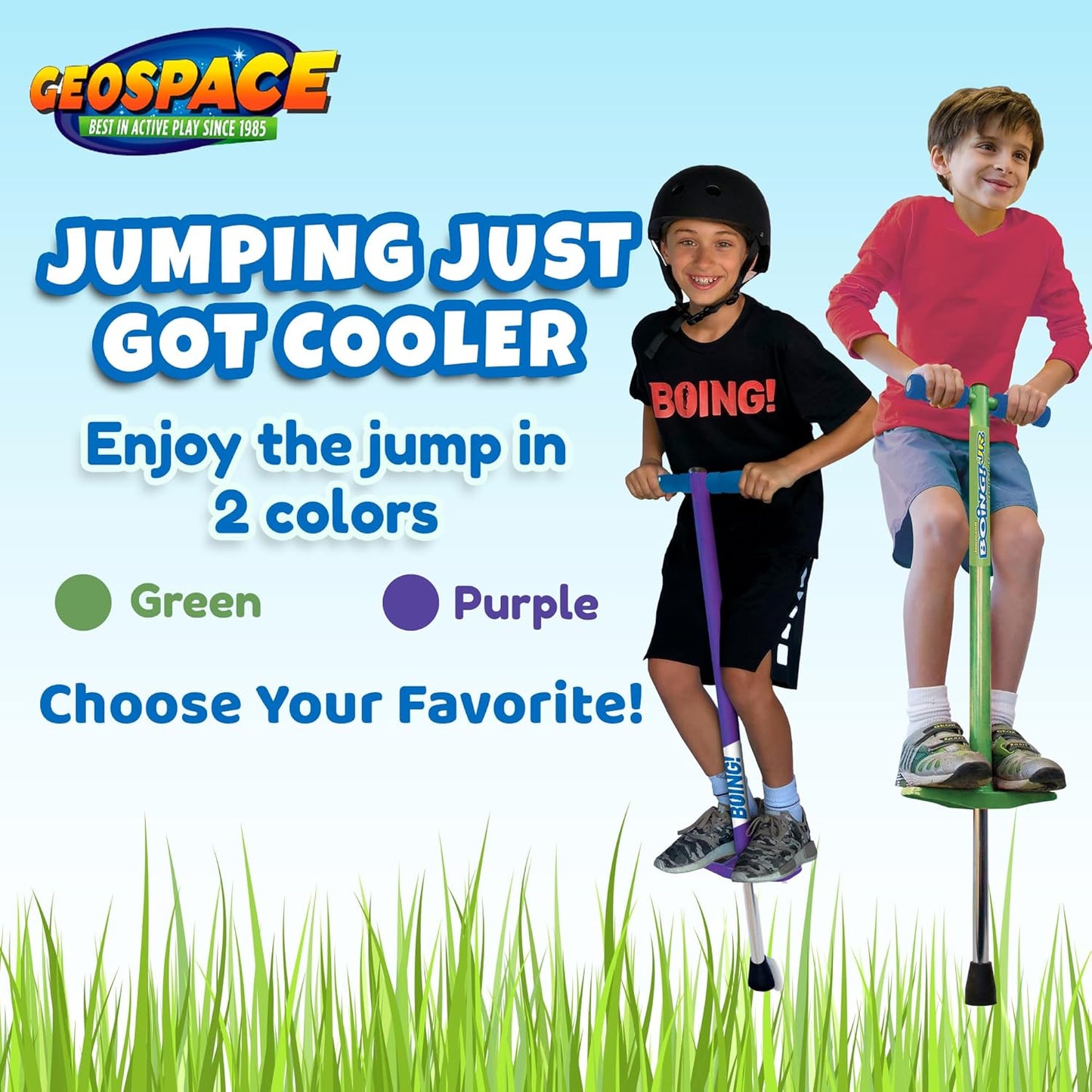 Geospace Jumparoo Boing! JR. Steel Pogo Stick for Children Weighing 50-90 lbs by Air Kicks - Compact Outdoor Activity Toy for Boys and Girls Promoting Exercise, Balance, and Coordination (Purple)