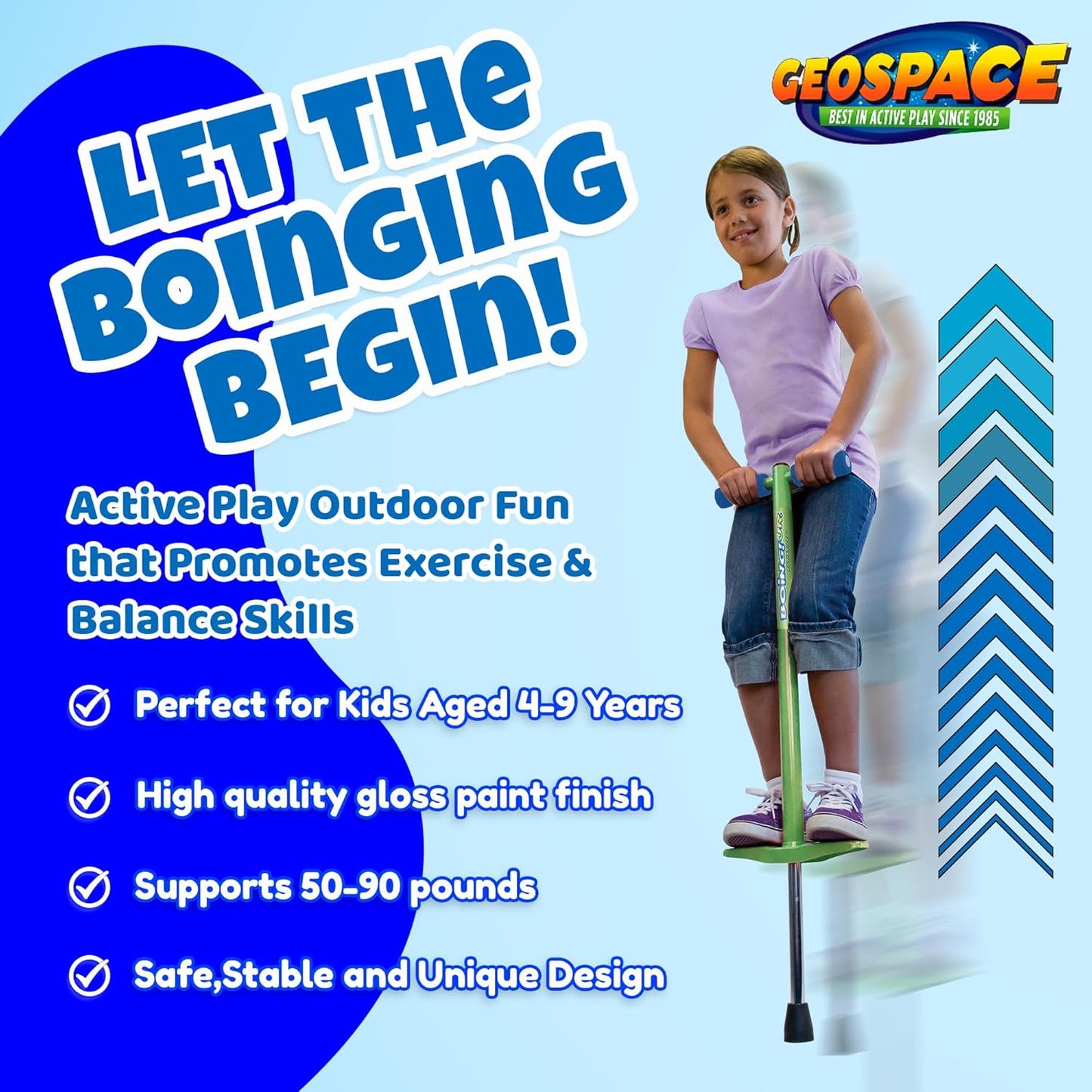 Geospace Jumparoo Boing! JR. Steel Pogo Stick for Children Weighing 50-90 lbs by Air Kicks - Compact Outdoor Activity Toy for Boys and Girls Promoting Exercise, Balance, and Coordination (Purple)