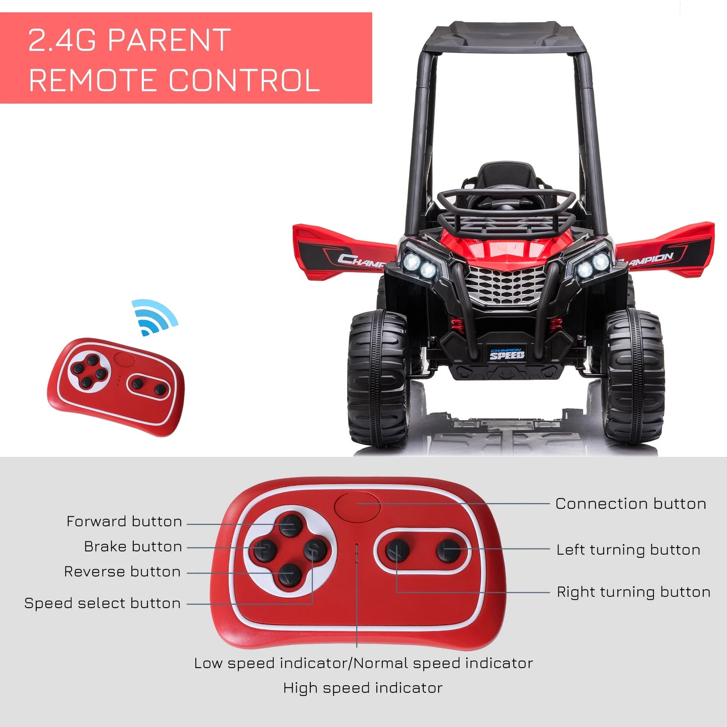 12V Dual Motor Kids UTV, Battery Powered Electric Ride on Truck with Forward and Reverse Function, Lights, MP3/USB, Suspension, Remote Control, Red
