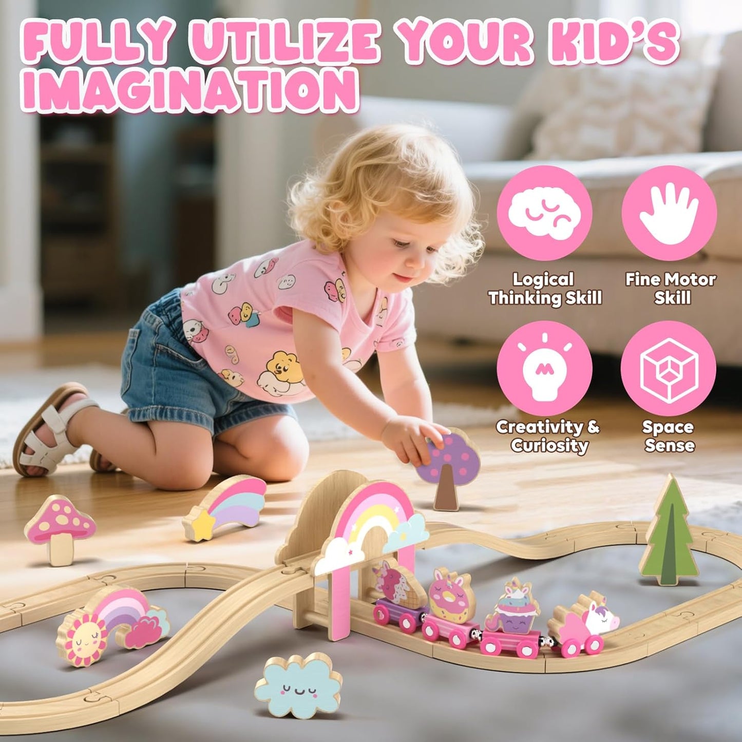 Lehoo Castle Wooden Train Set, Train Set for Toddlers 2-4, Wooden Train Track for Girls, Unicorn Toys for Girls Age 4-6, Toys for 3 4 5 6 Year Old Girls