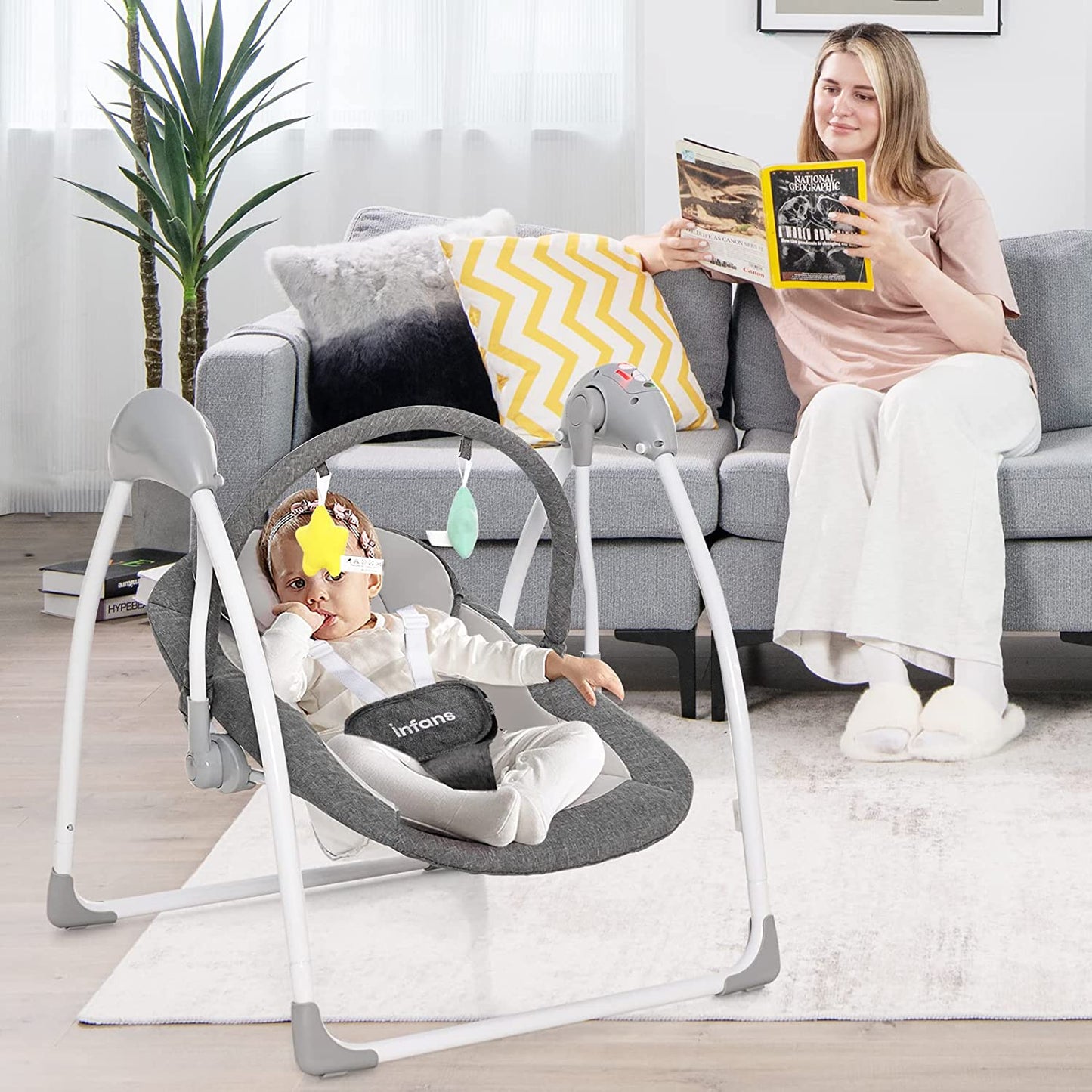 Baby Swing for Infants, Compact Portable Electric Baby Rocker for Newborn W/ 5 Speeds Timing