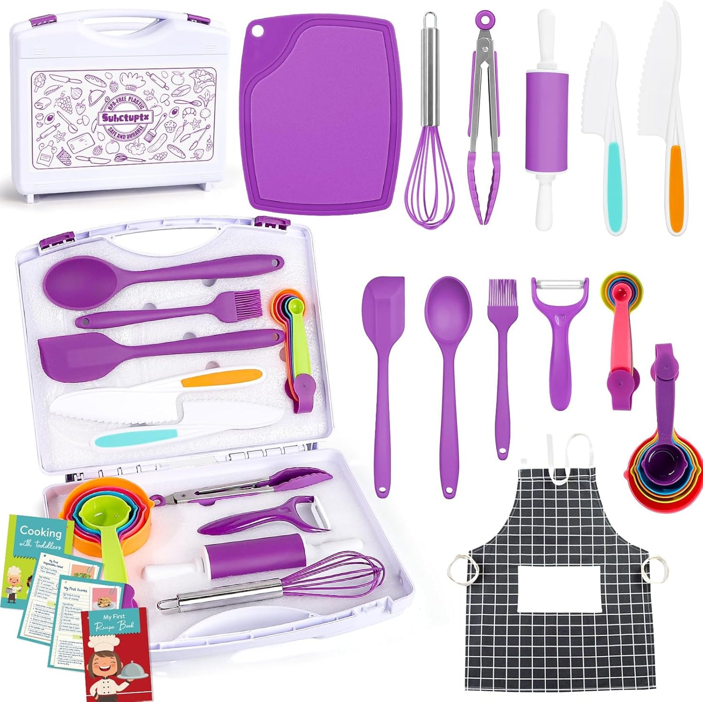 Kids Cooking Sets Real, Kids Cooking & Baking Set with Storage Case Kid Safe Knives Cutting Board Apron Cookbook Toddler Cooking Utensils, Montessori Kitchen Tools, Birthday Gifts Toys for Girls Boys