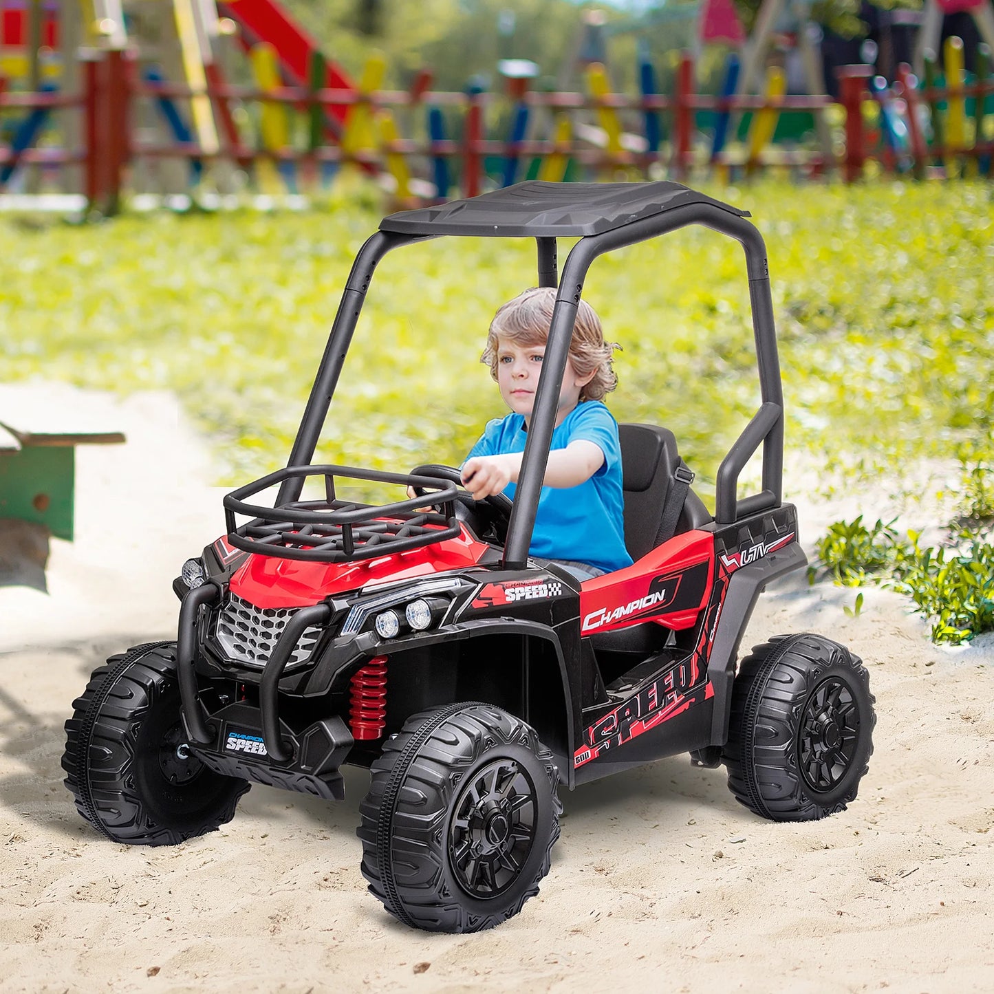 12V Dual Motor Kids UTV, Battery Powered Electric Ride on Truck with Forward and Reverse Function, Lights, MP3/USB, Suspension, Remote Control, Red