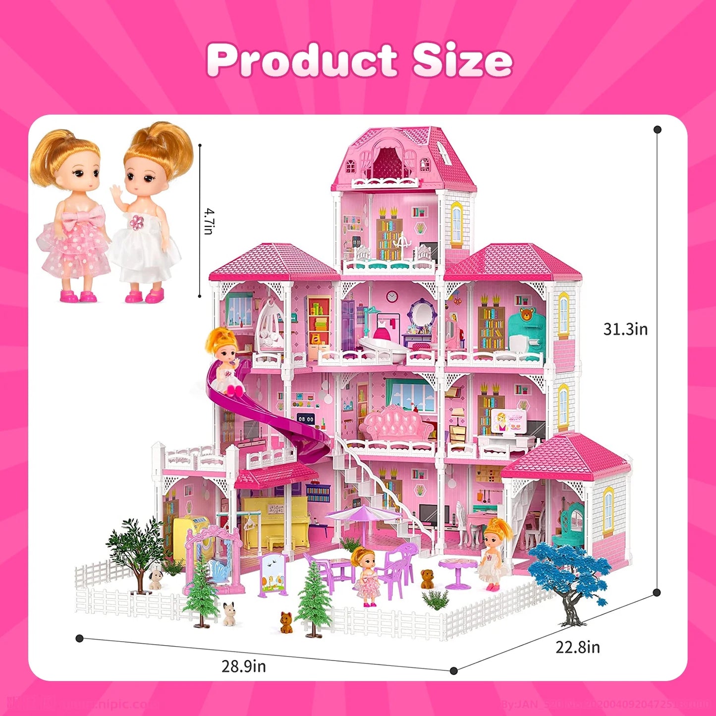 Dollhouse for Girls,4 Stories 12 Rooms Dollhouse with 2 Princesses Slide Accessories,Toddler Playhouse Gift for for 3 -6 Year Old Girls Toys