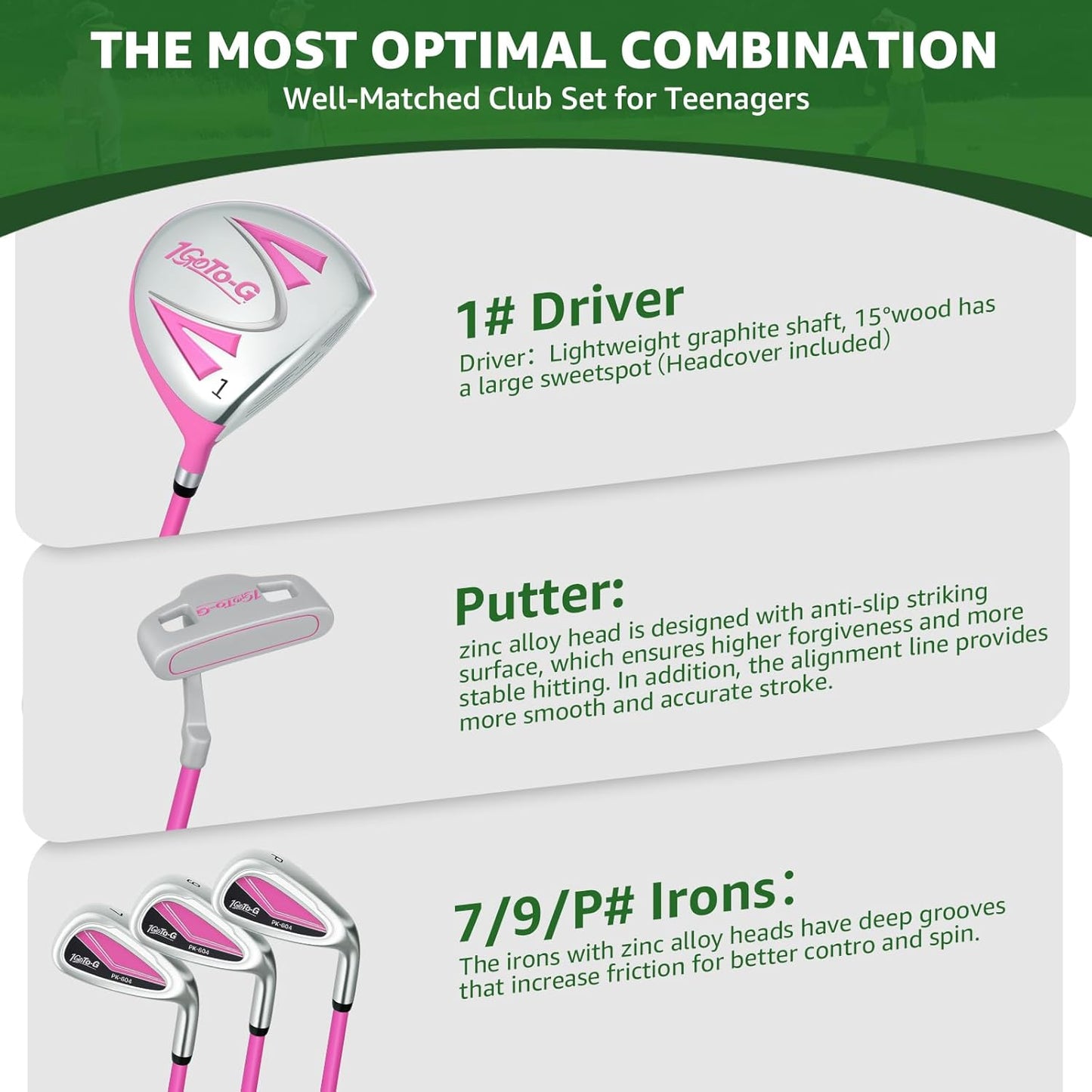 Kids Golf Clubs Set, Youth Golf Clubs Junior Set Ages 9-12 Includes Stand Bag, 1# Drive, 7#, 9# PW# Irons and Putter Right Hand for Boys Girls